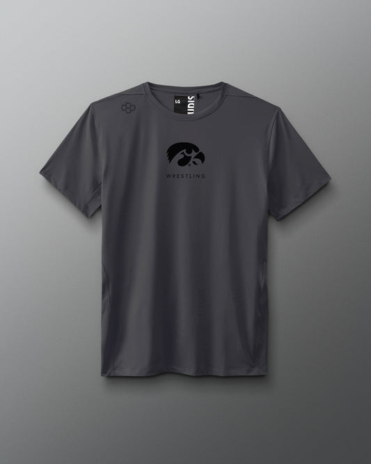 A gray Iowa Wrestling performance t-shirt with a graphic logo on the front.