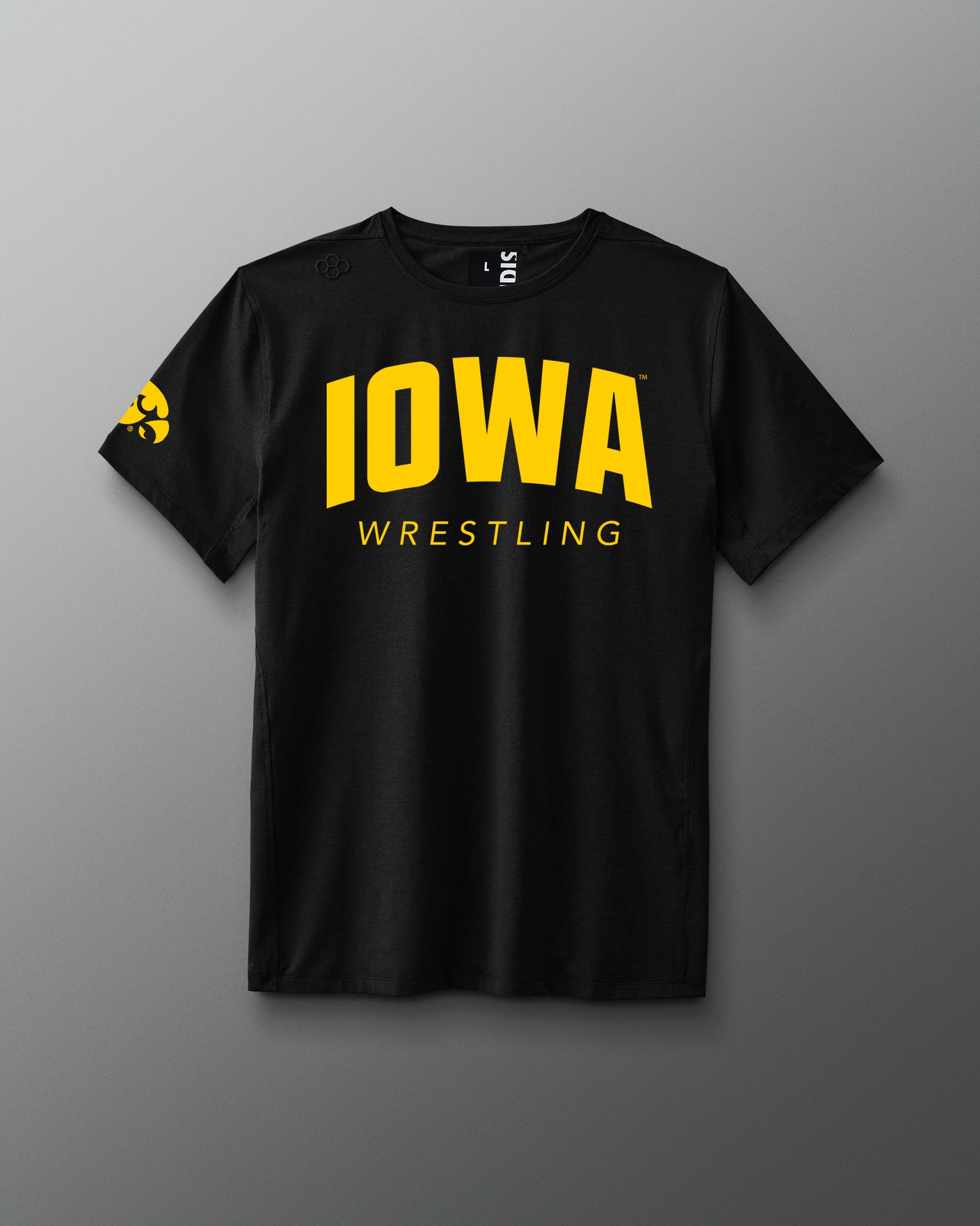 A yellow IOWA Wrestling performance heather t-shirt displayed against a neutral background.