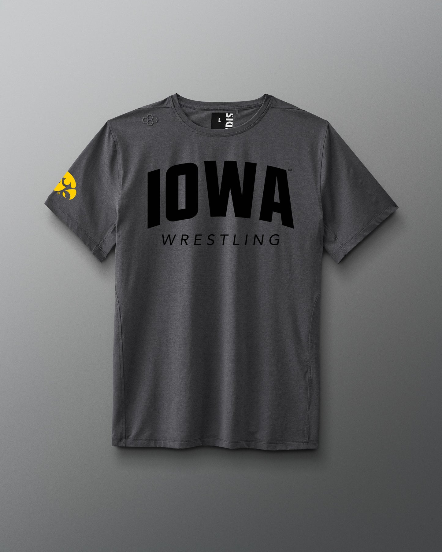 A yellow IOWA Wrestling performance heather t-shirt displayed against a neutral background.