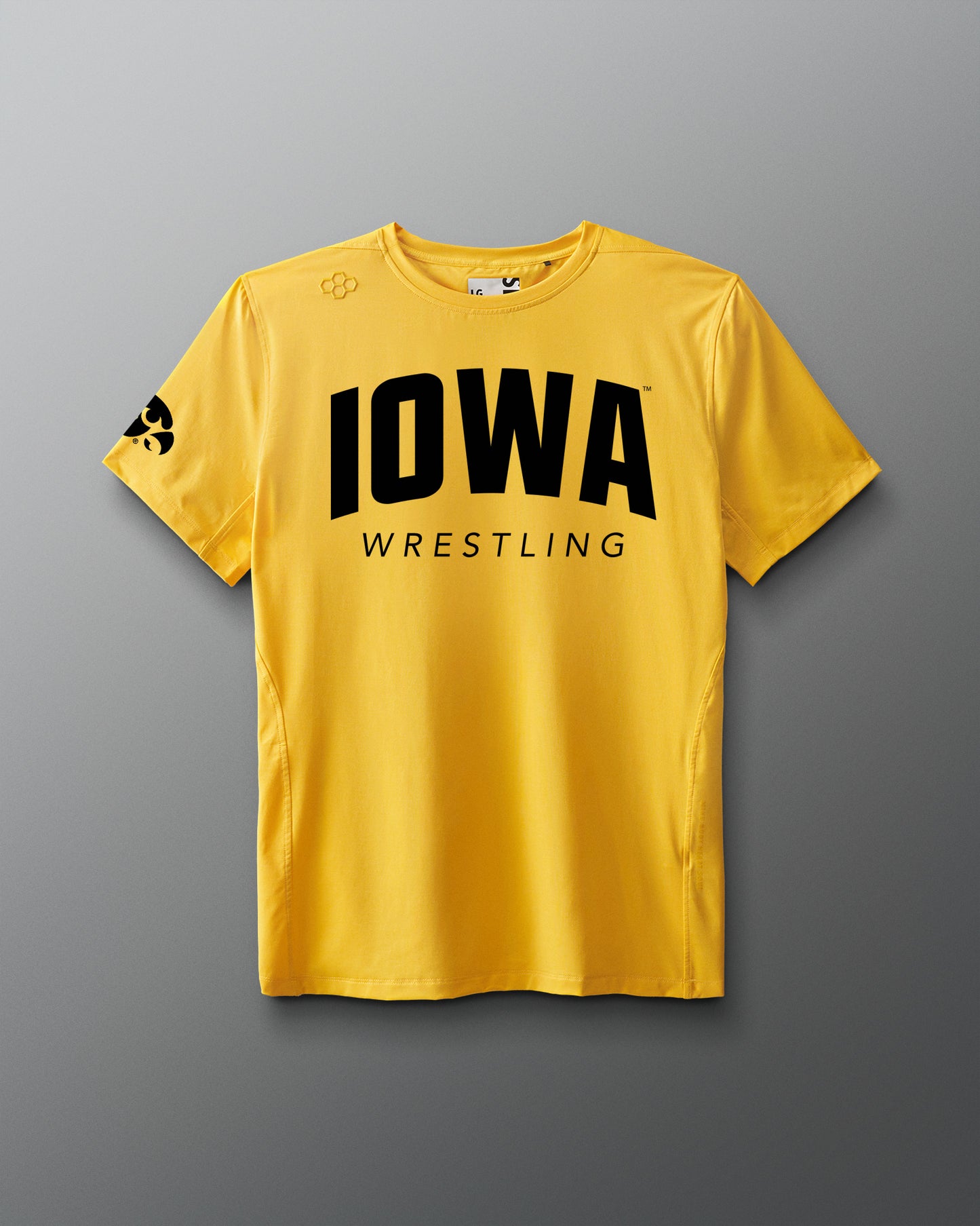 A yellow IOWA Wrestling performance heather t-shirt displayed against a neutral background.