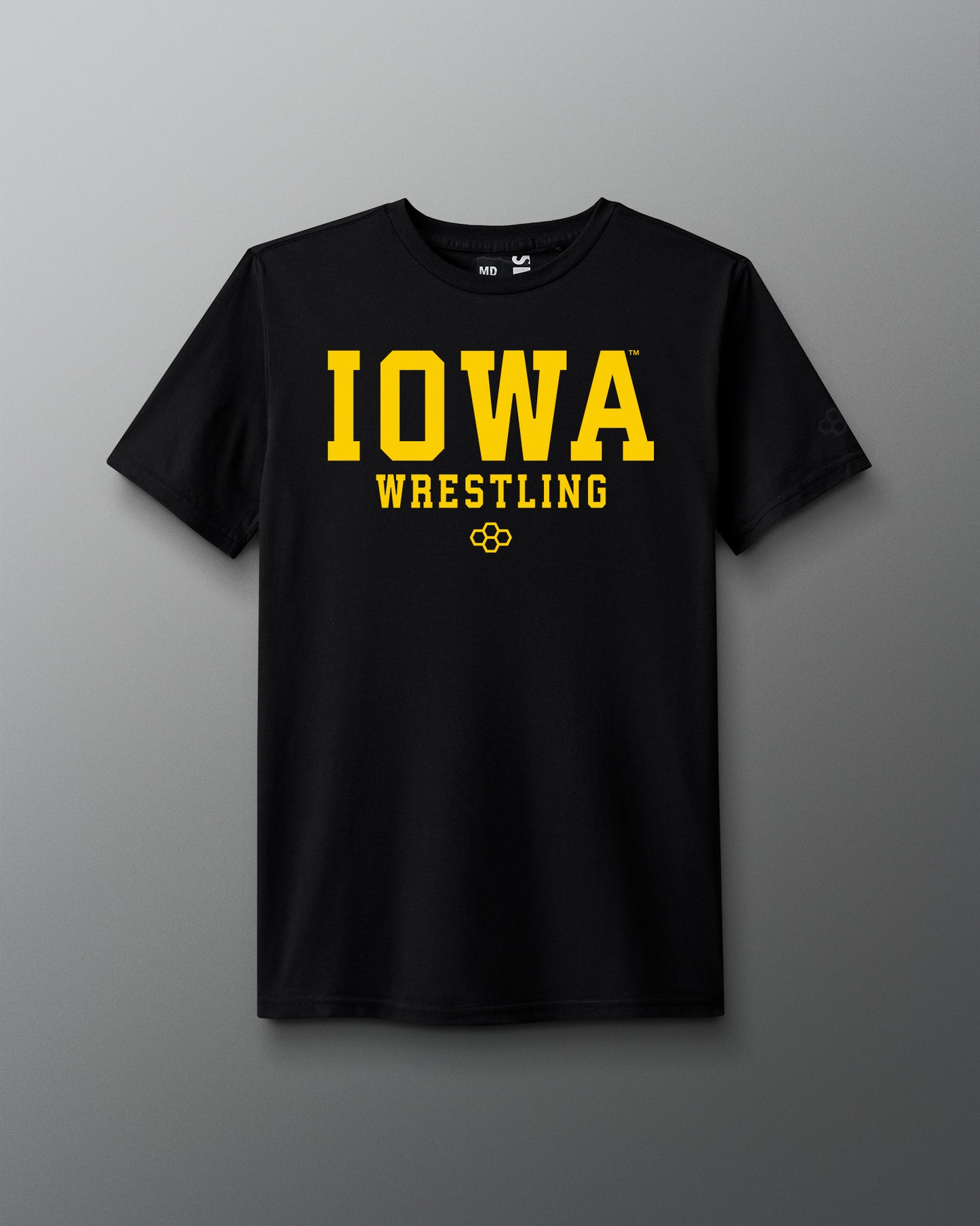 Front view of a black T-shirt featuring bold yellow text that reads ‘IOWA Wrestling’ with a small yellow RUDIS hexagon logo underneath.