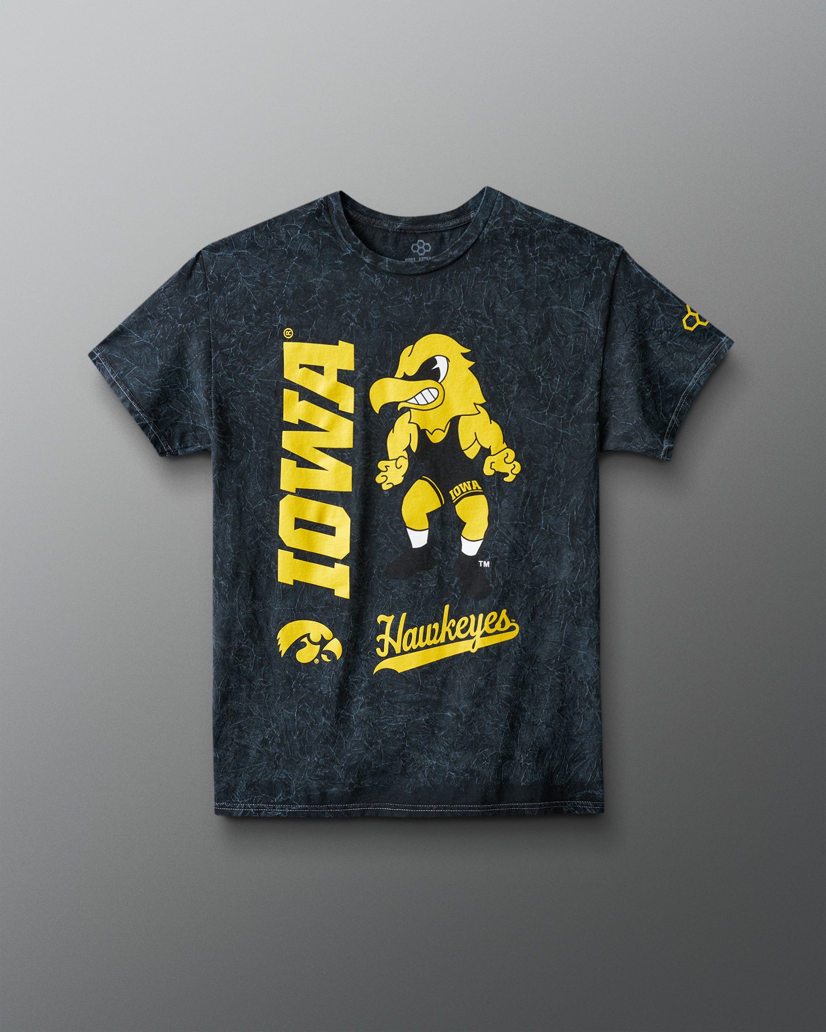 Black t-shirt with yellow 'Iowa Hawkeyes' graphics on a gray background