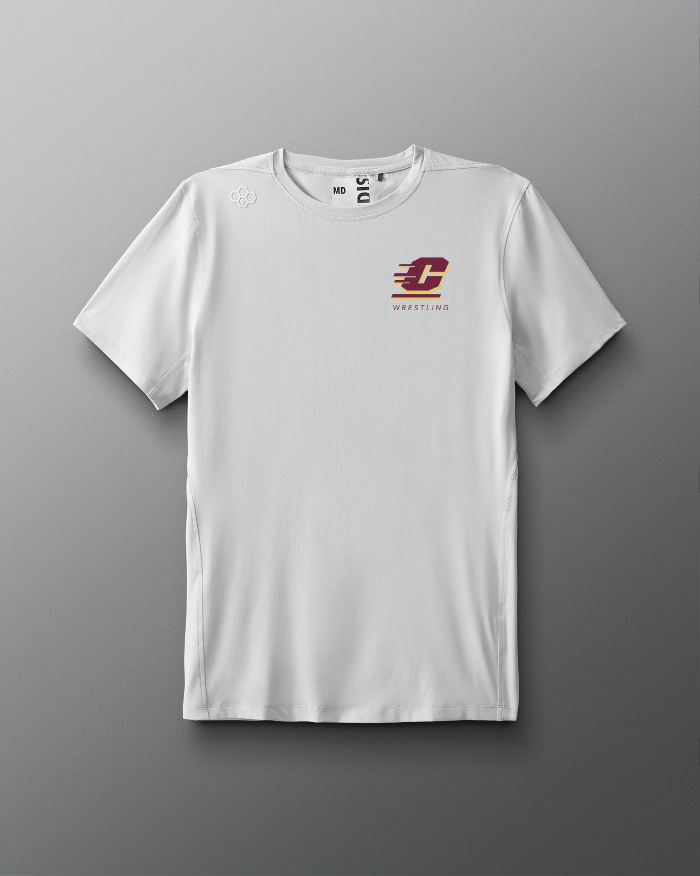 White t-shirt with a logo on a gray background. Central Michigan University