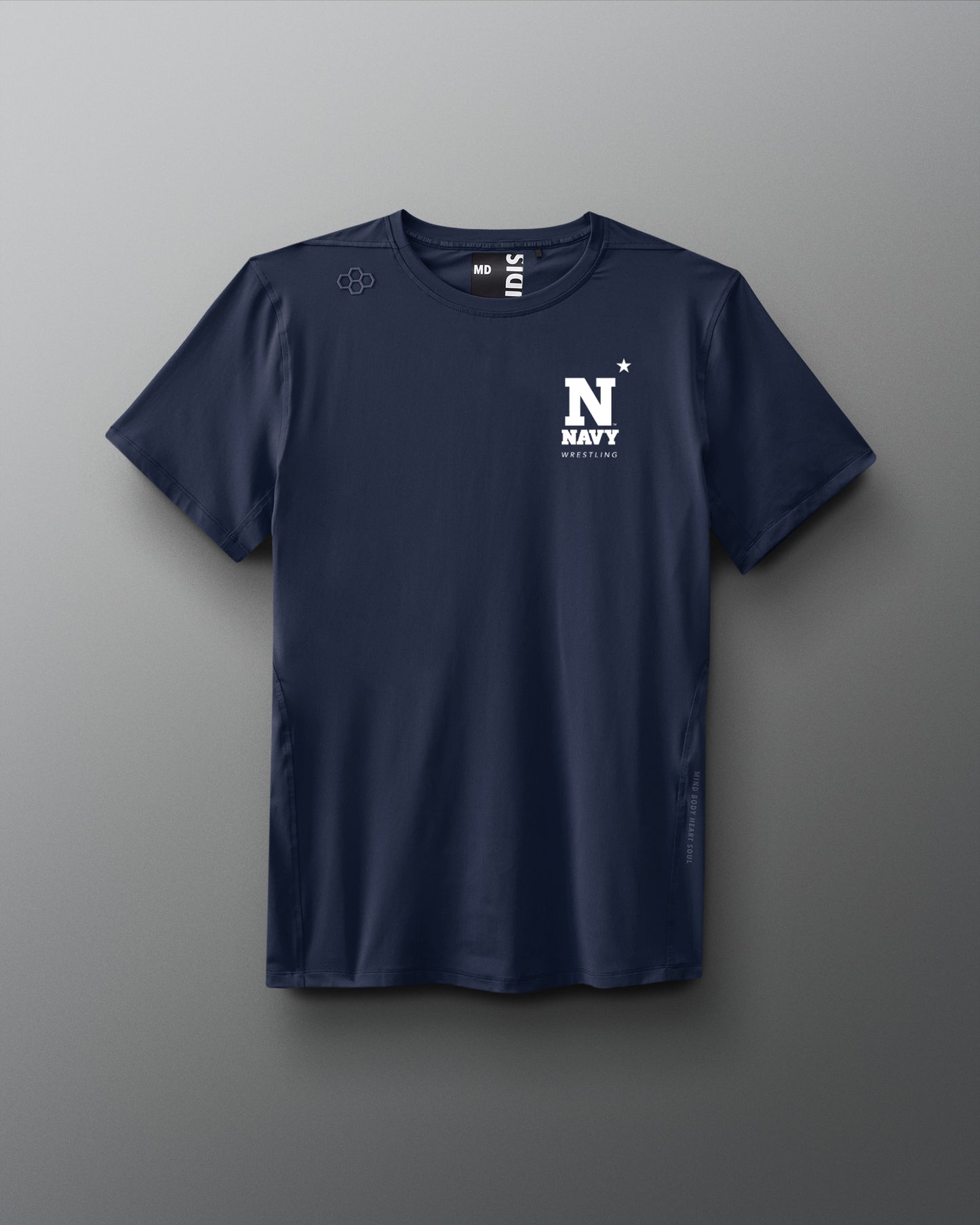 Navy blue t-shirt with a logo on a gray background. Naval Academy