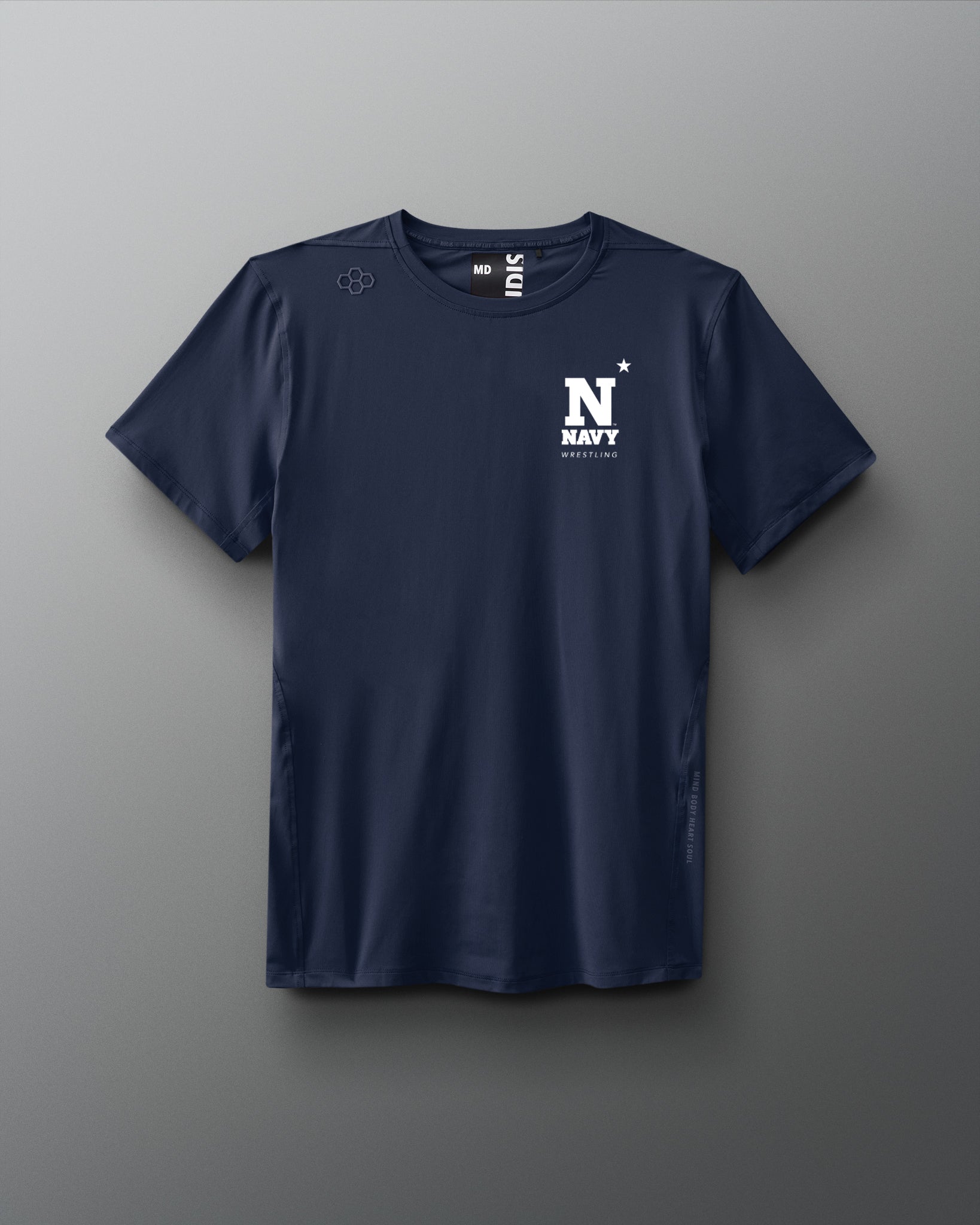 Navy blue t-shirt with a logo on a gray background. Naval Academy