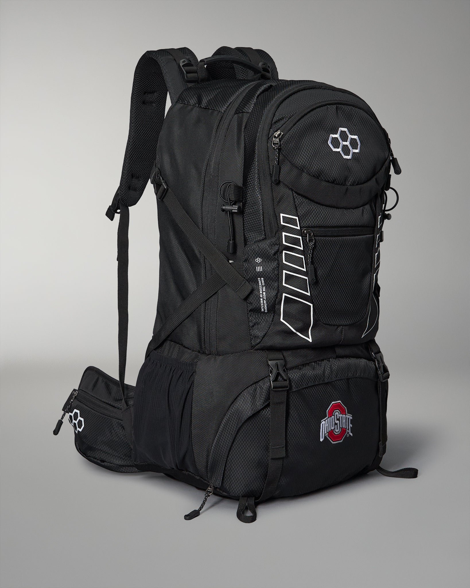 Black Ohio State backpack with multiple compartments and logos on a gray background