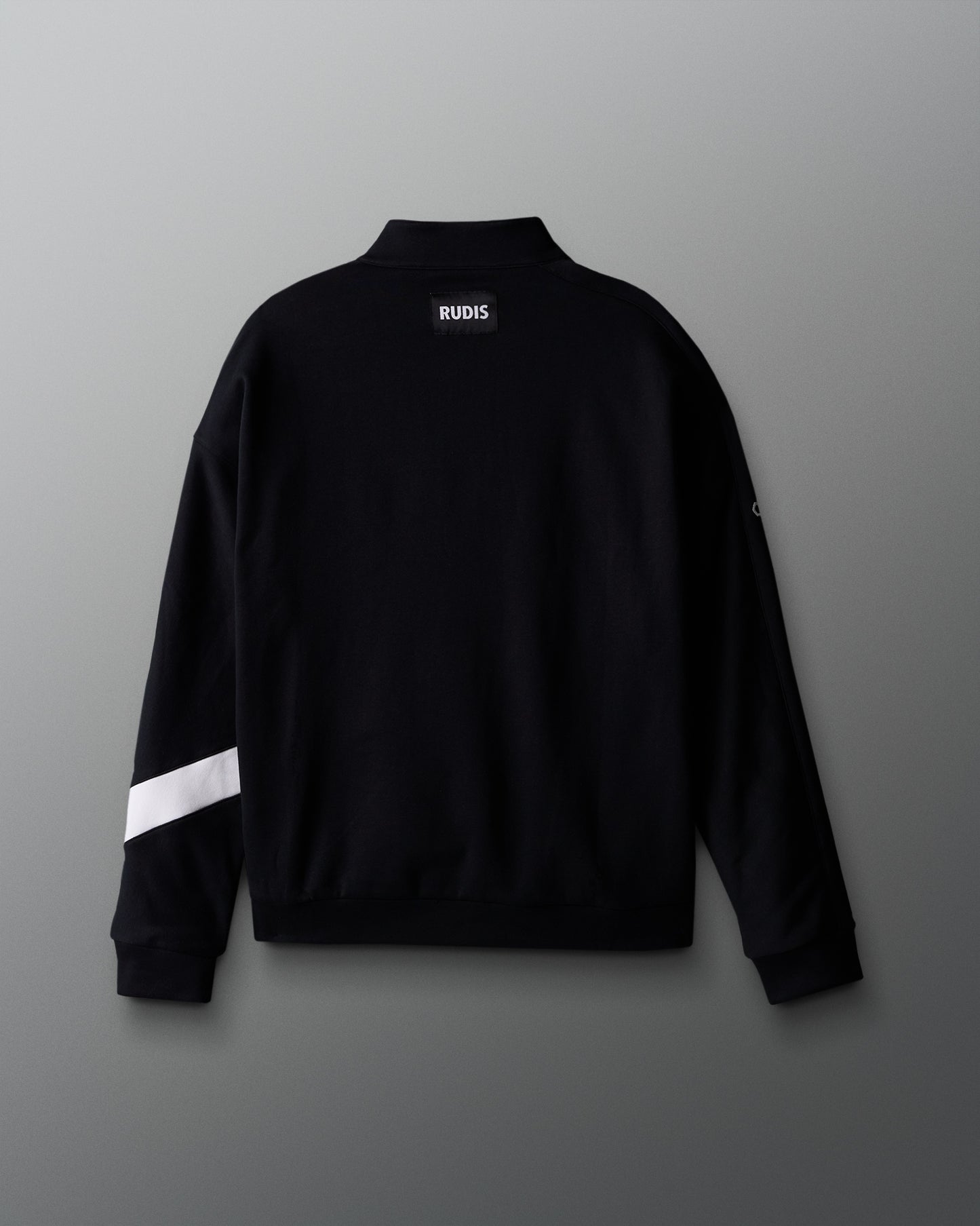 Black sweatshirt with a white stripe on a gray background