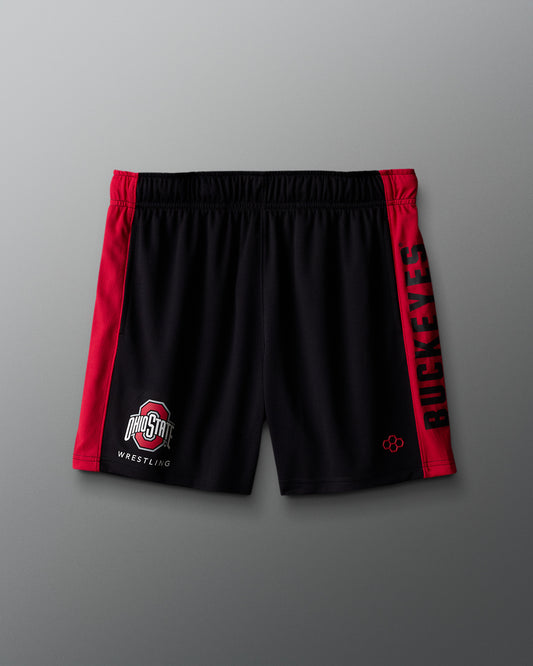 Black and red wrestling shorts with Ohio State logo on a gray background