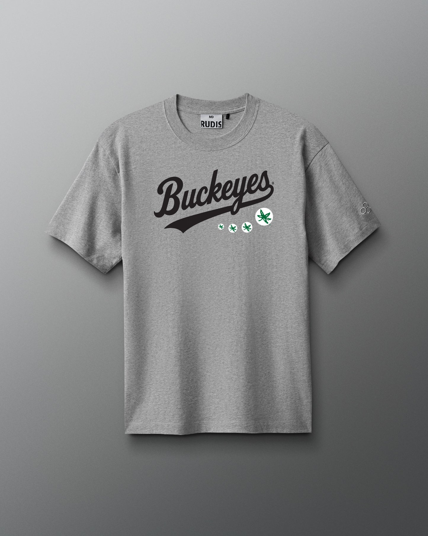 Gray t-shirt with 'Buckeyes' text on a gray background