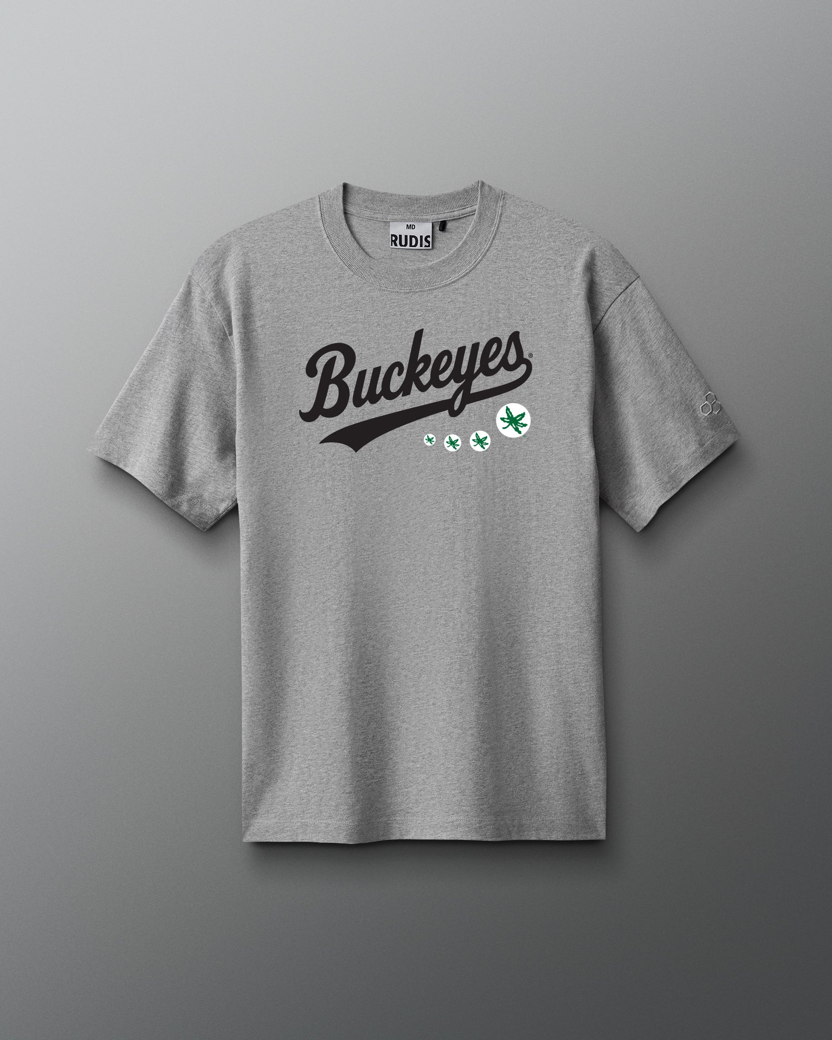 Gray t-shirt with 'Buckeyes' text on a gray background