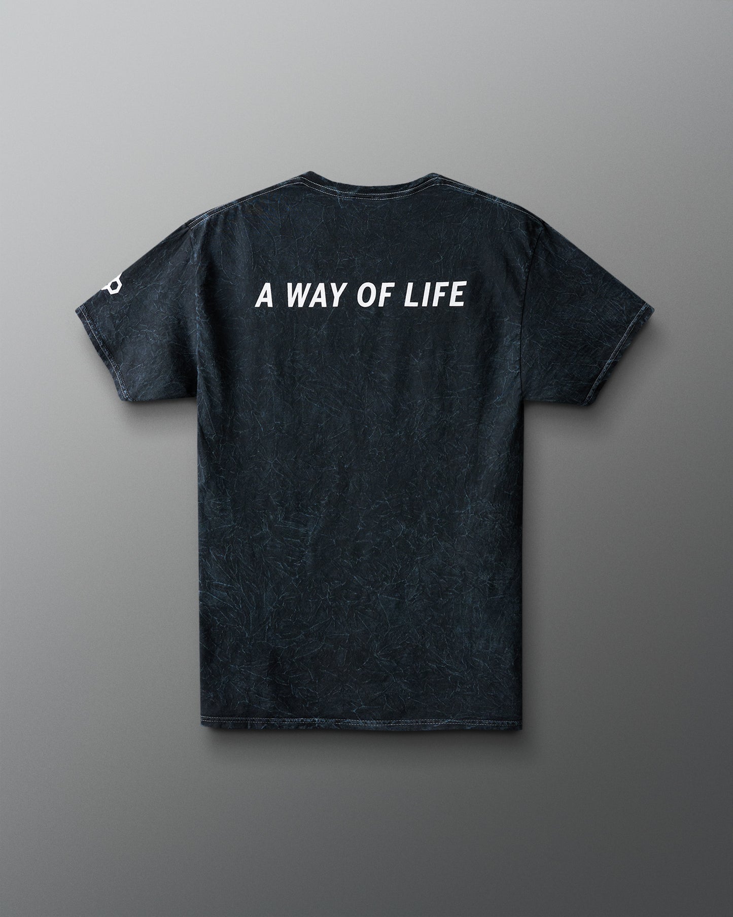 Black t-shirt with 'A Way of Life' text on the back against a gray background