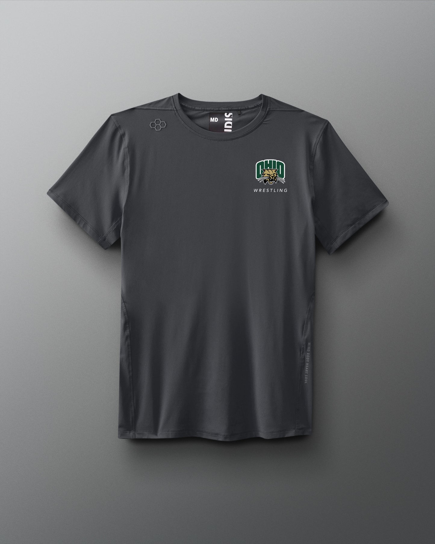 Gray t-shirt with a logo on a gray background. Ohio University