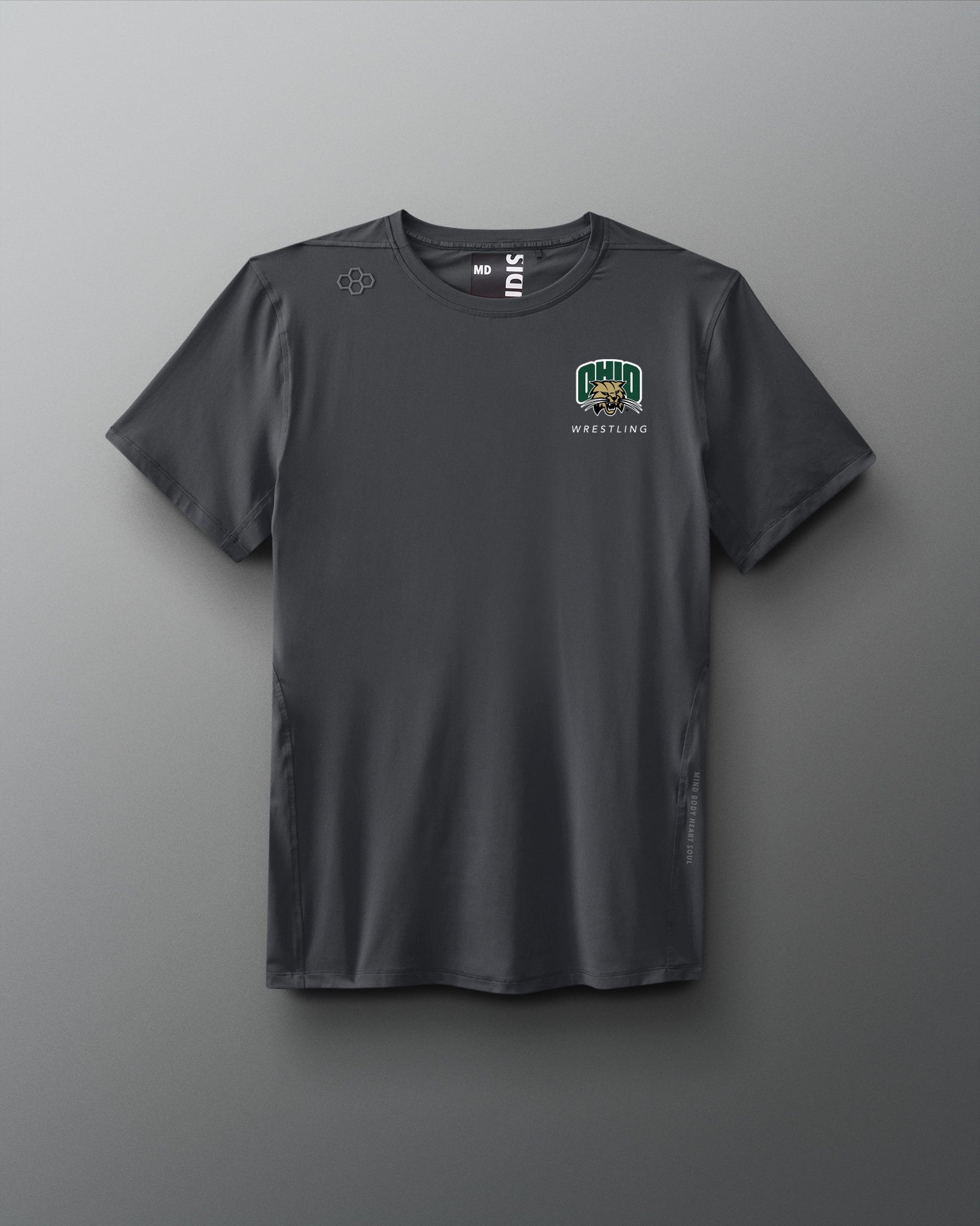Gray t-shirt with a logo on a gray background. Ohio University