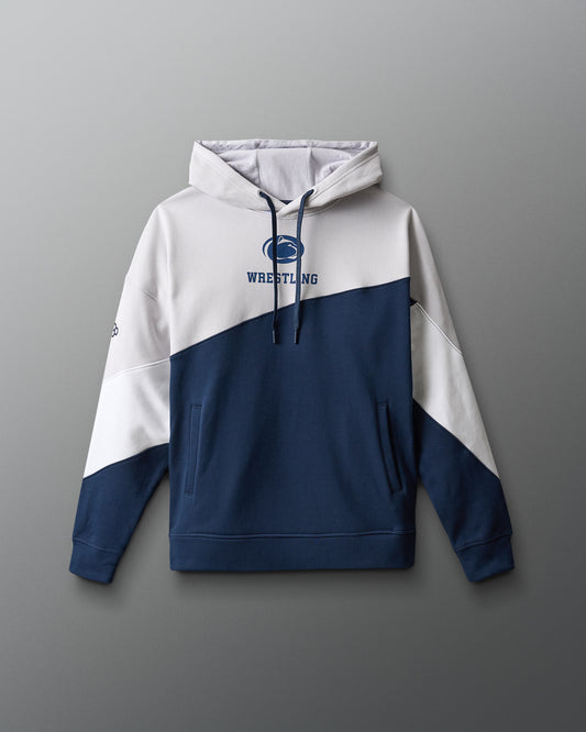 Two-tone hoodie with white and navy design on a gray background