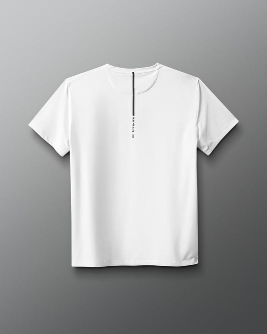 White t-shirt with a small black logo on a gray background