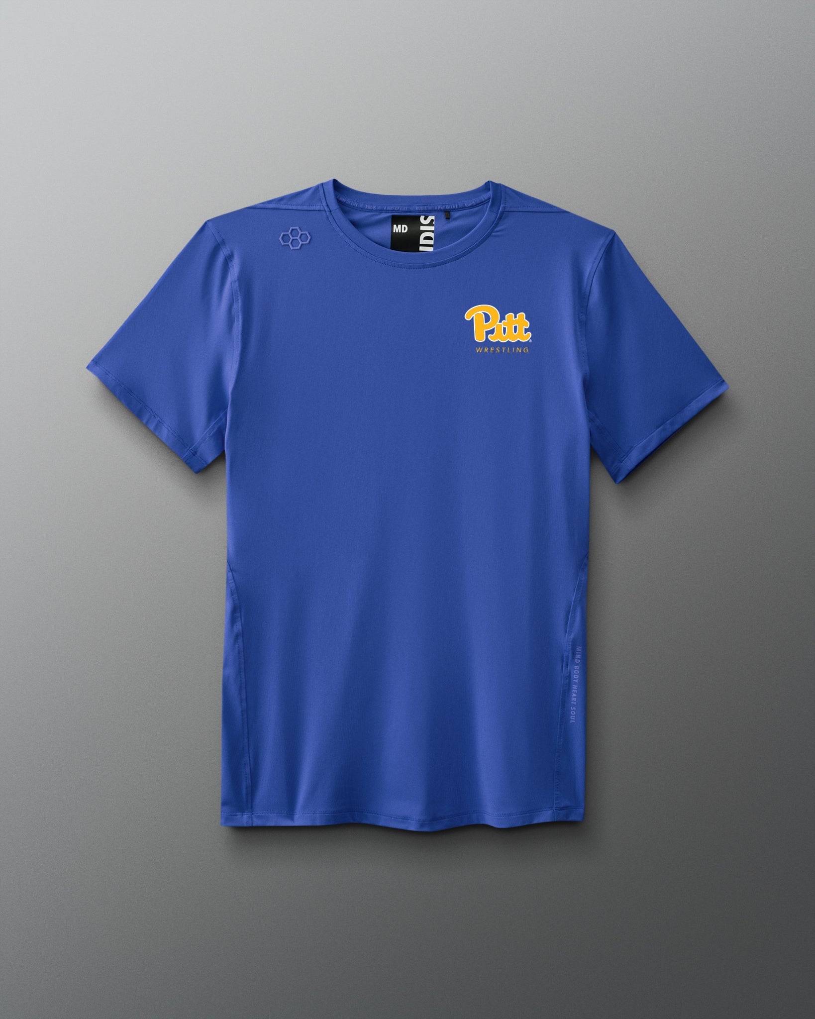 Blue t-shirt with a Pitt Wrestling logo on a gray background