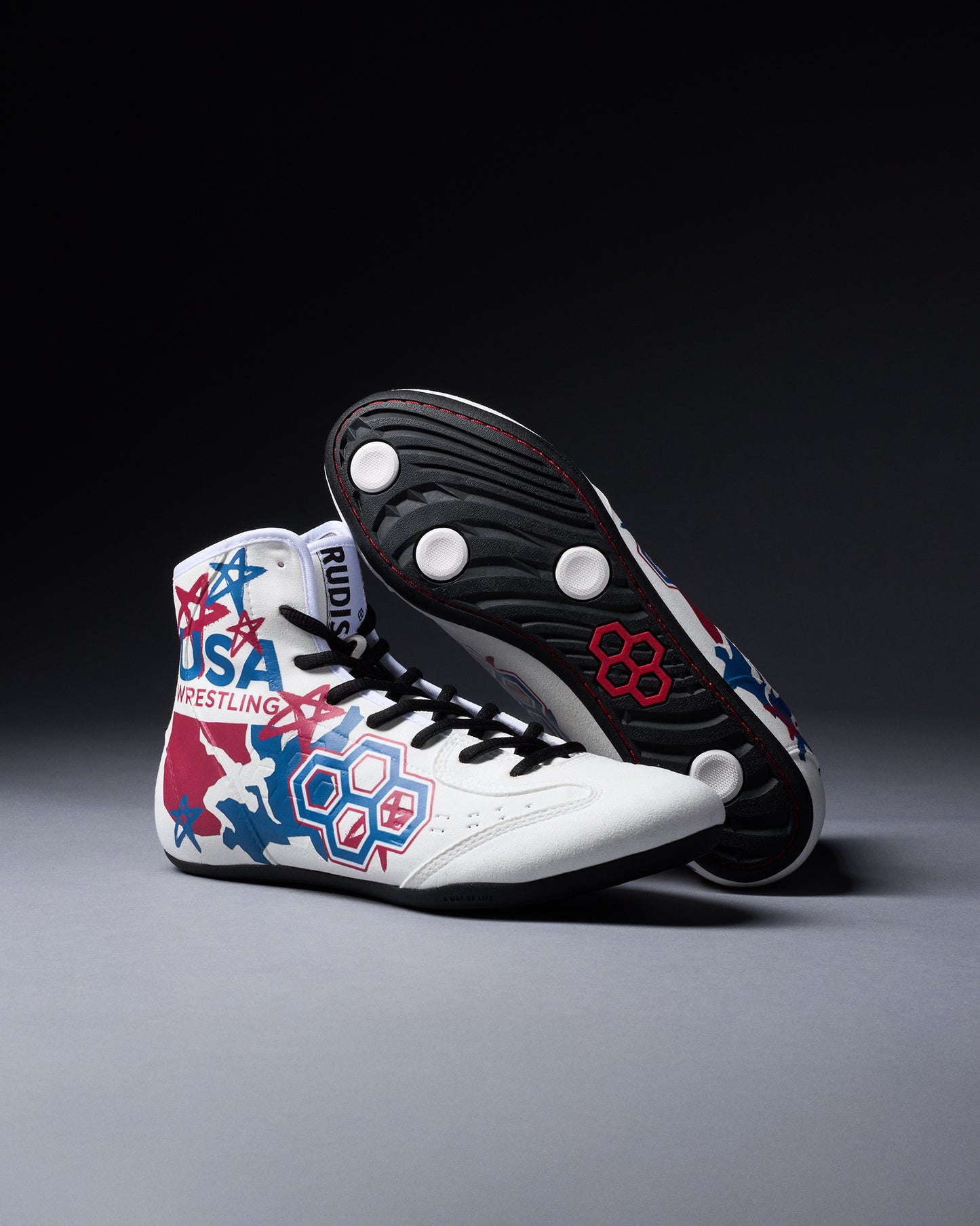 Pair of USA Wrestling wrestling shoes on a dark background