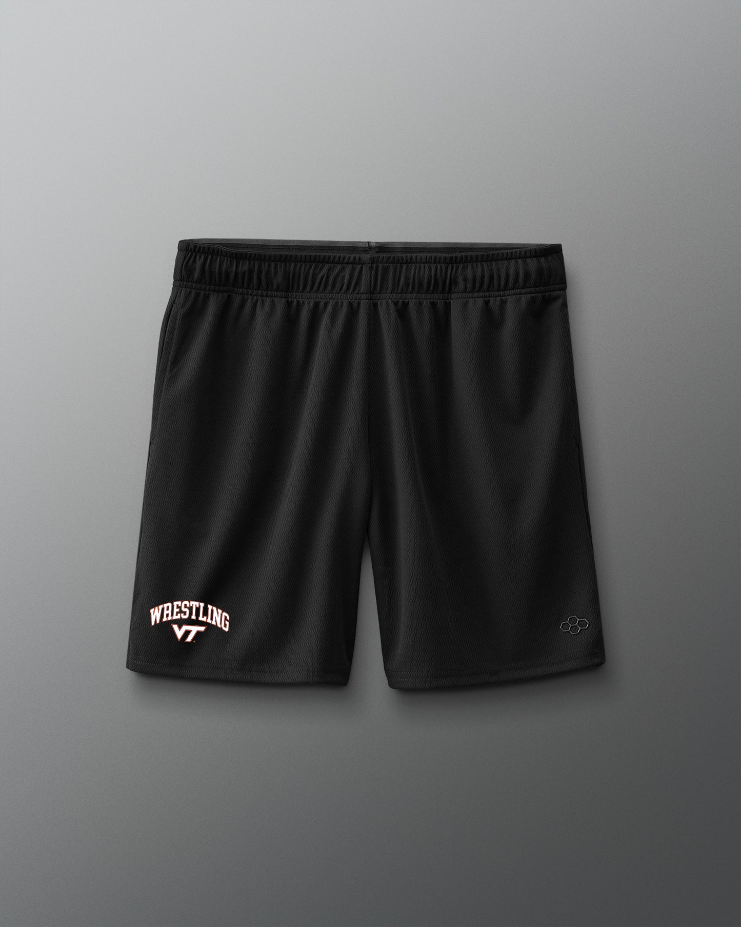 Black shorts with 'Wrestling VT' text on a gray background