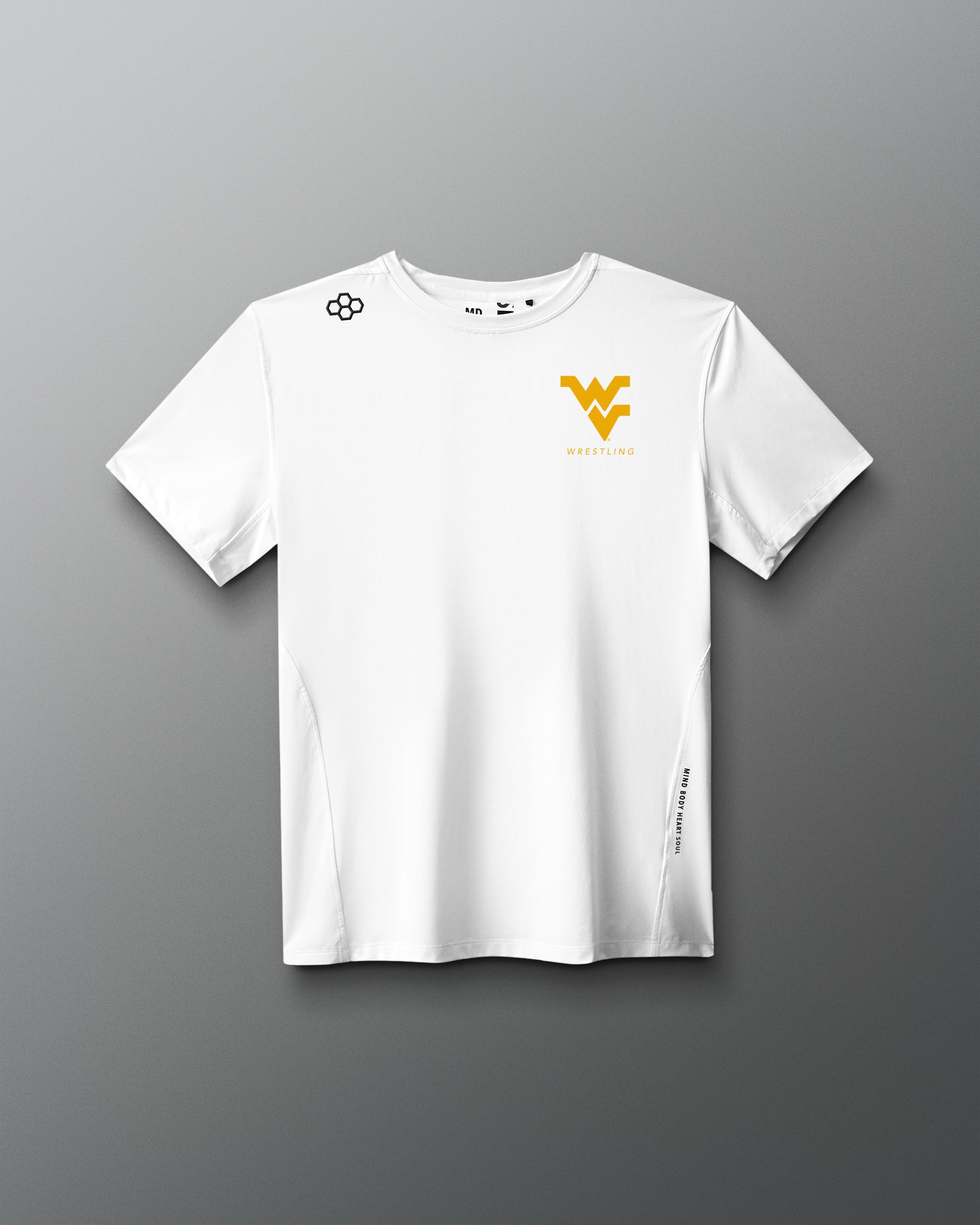 White t-shirt with WVU logo on a gray background