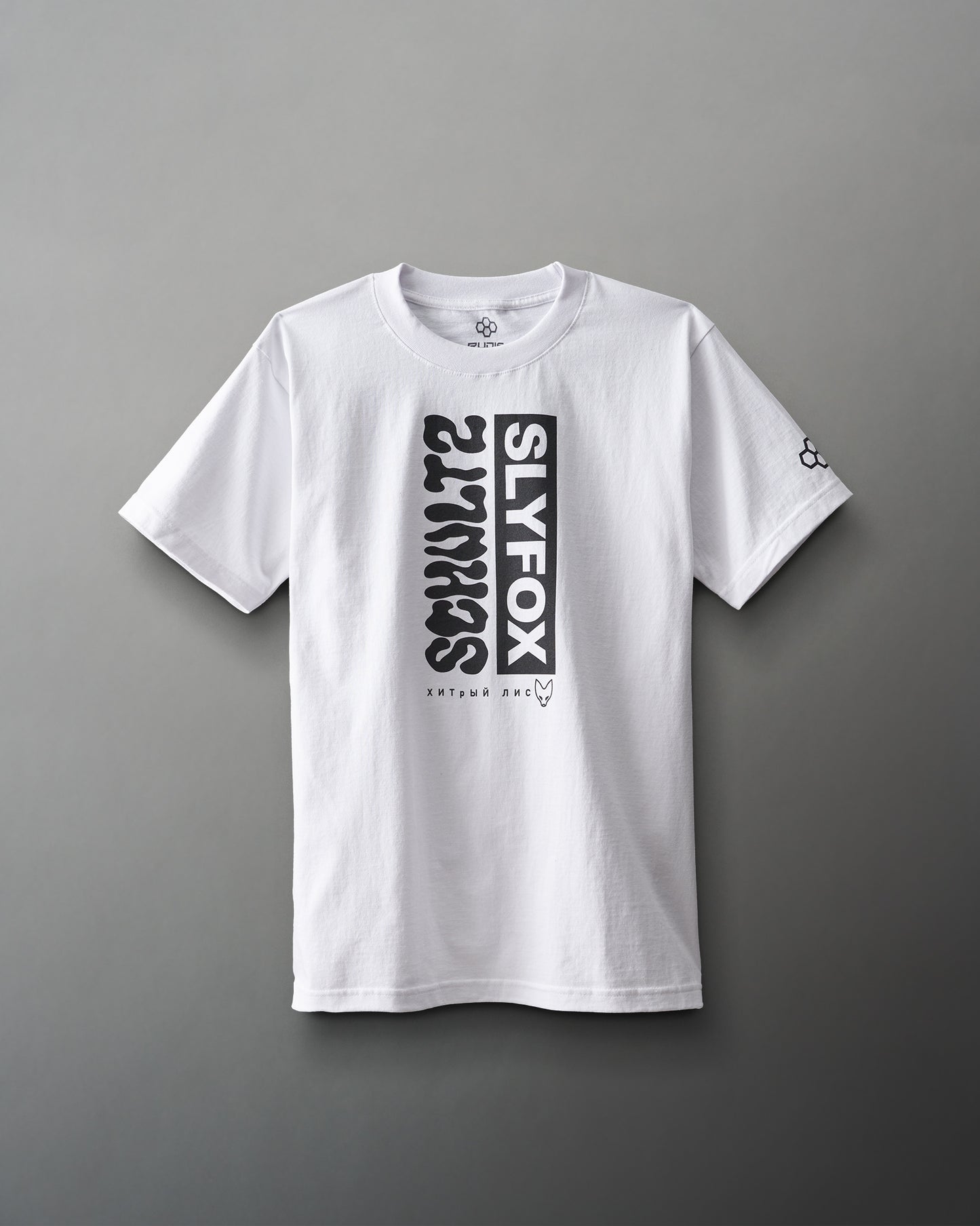 White RUDIS T-shirt with a split fox graphic and "SLYFOX" text beneath - front shirt design.