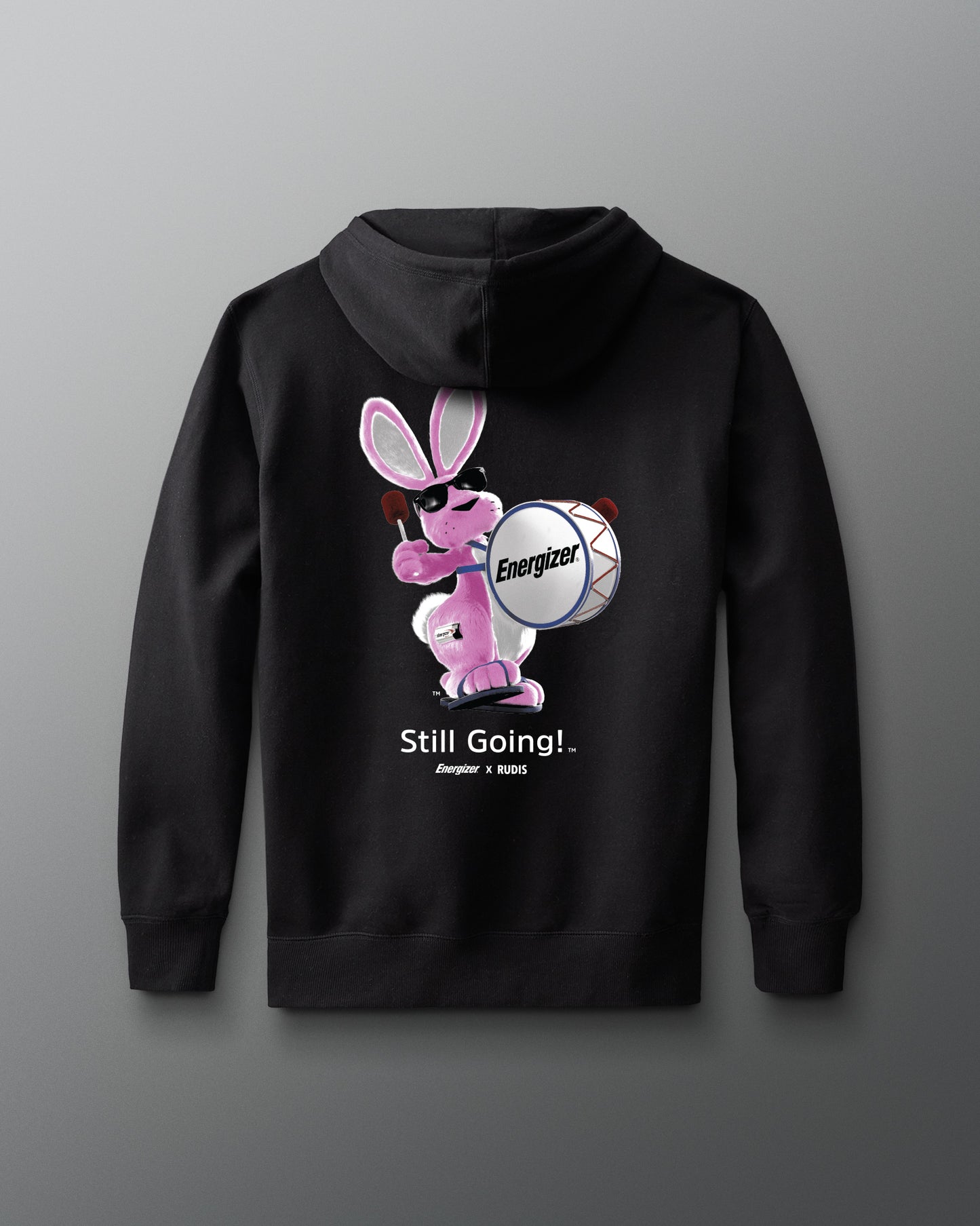 Black hoodie with Energizer bunny graphic on a gray background