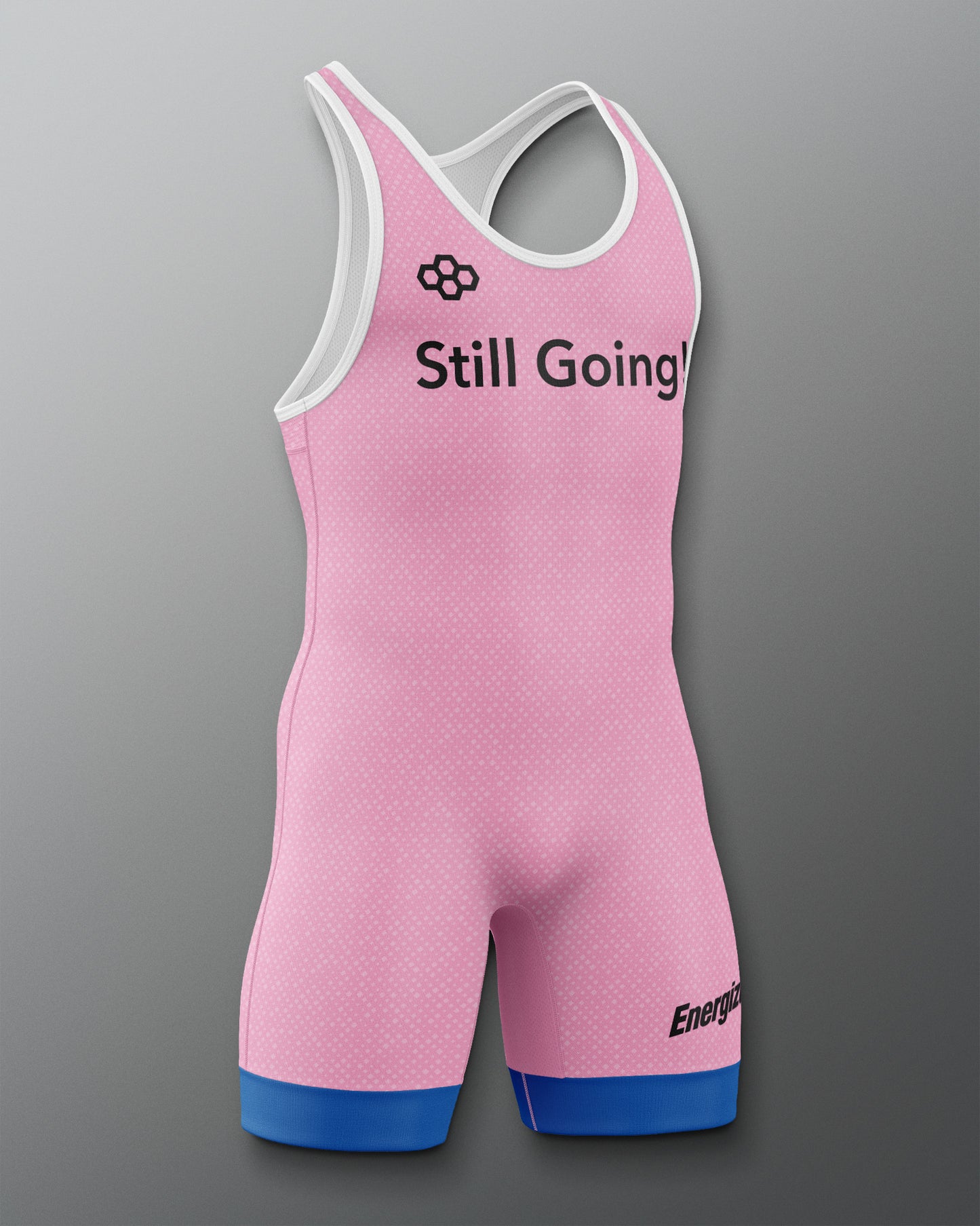 Pink athletic suit with 'Still Going!' text on a gray background