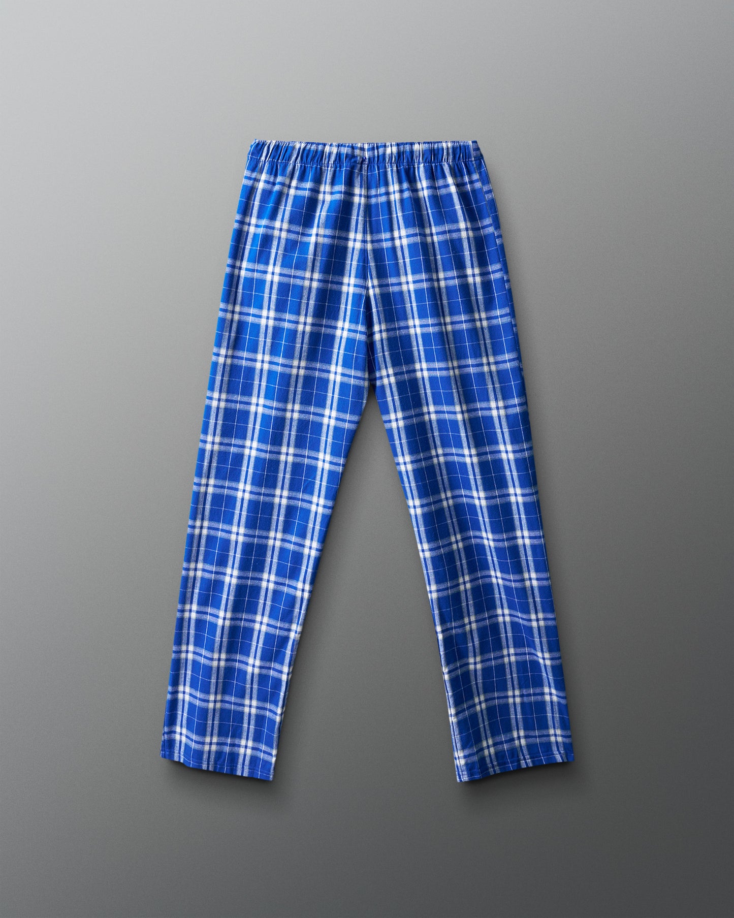 Blue plaid pants on a gray background
