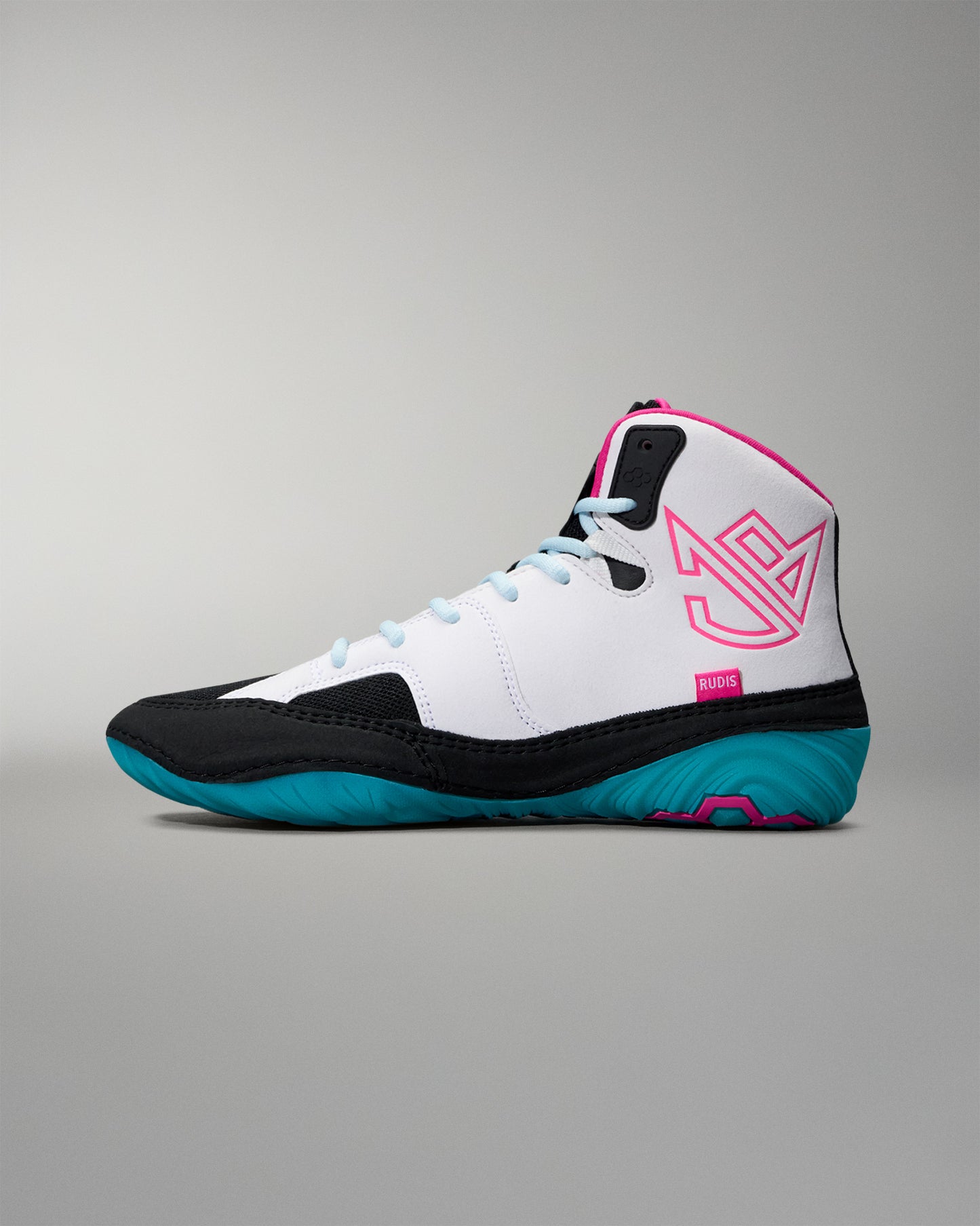 White high-top wrestling shoe with black and blue sole on a gray background