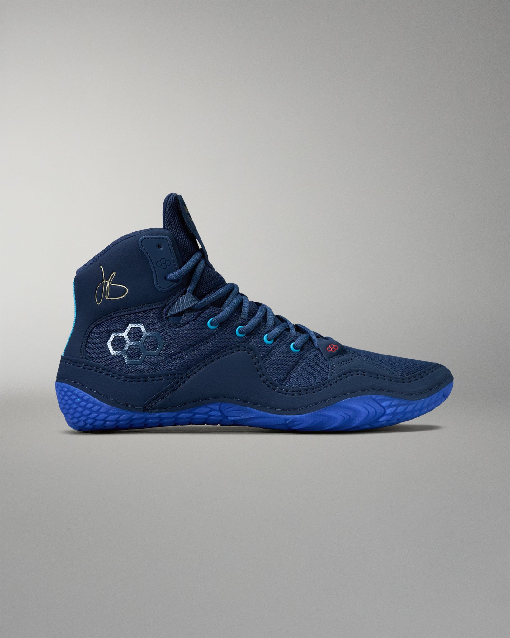 side profile of blue wrestling shoes