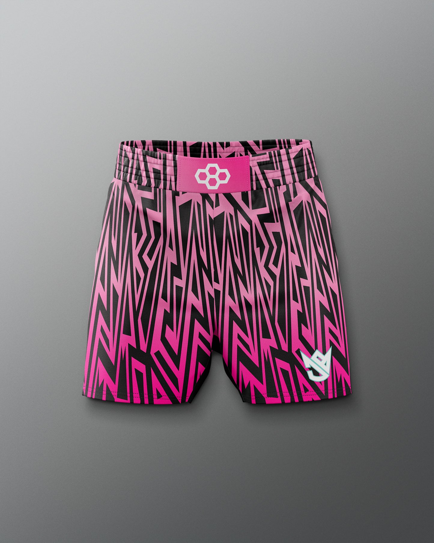 Pink and black patterned shorts with a logo on a gray background