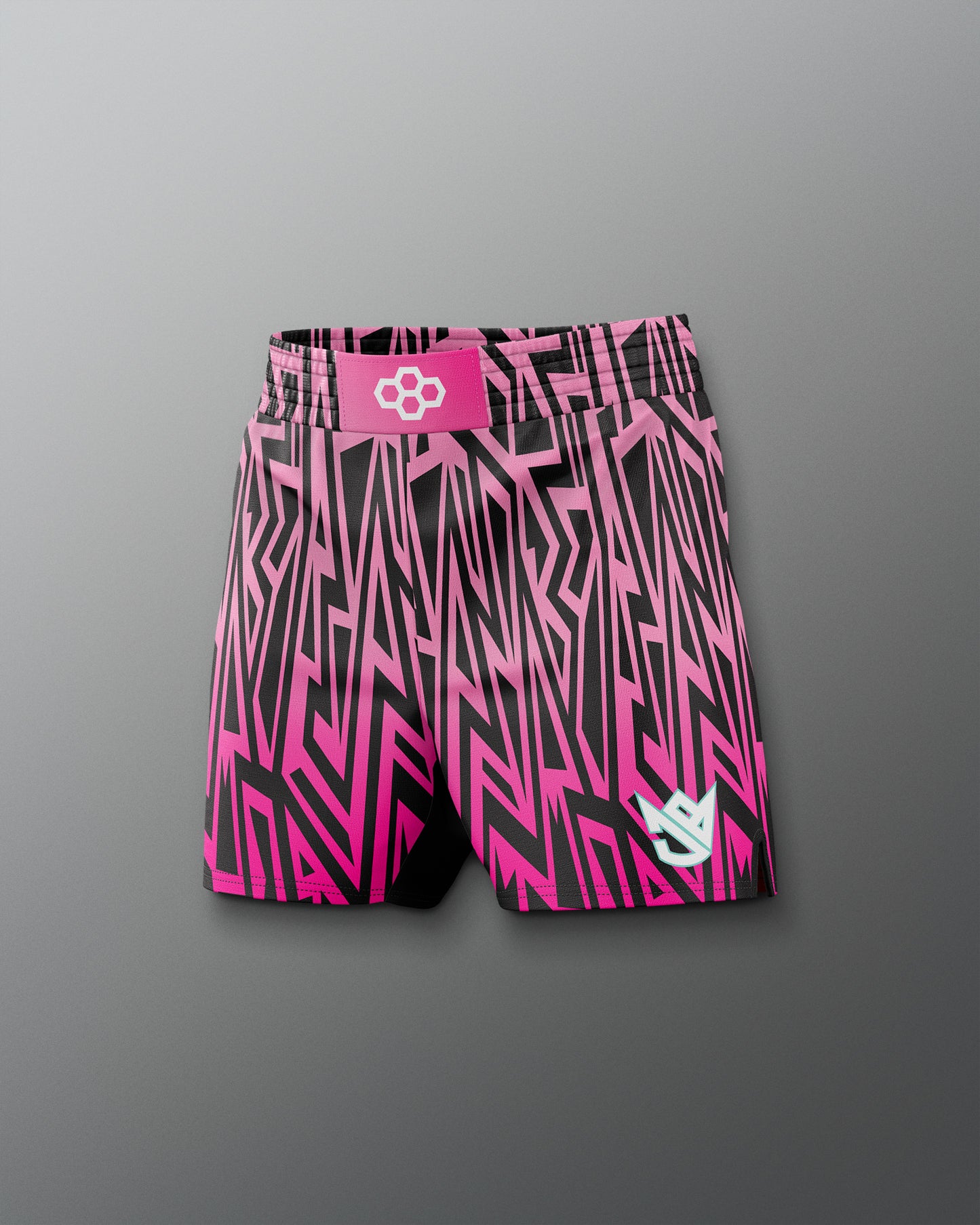 Pink and black patterned shorts with a logo on a gray background