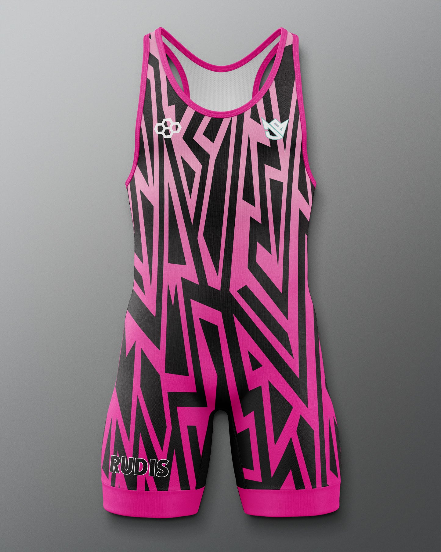 Pink and black athletic singlet with geometric pattern on a gray background