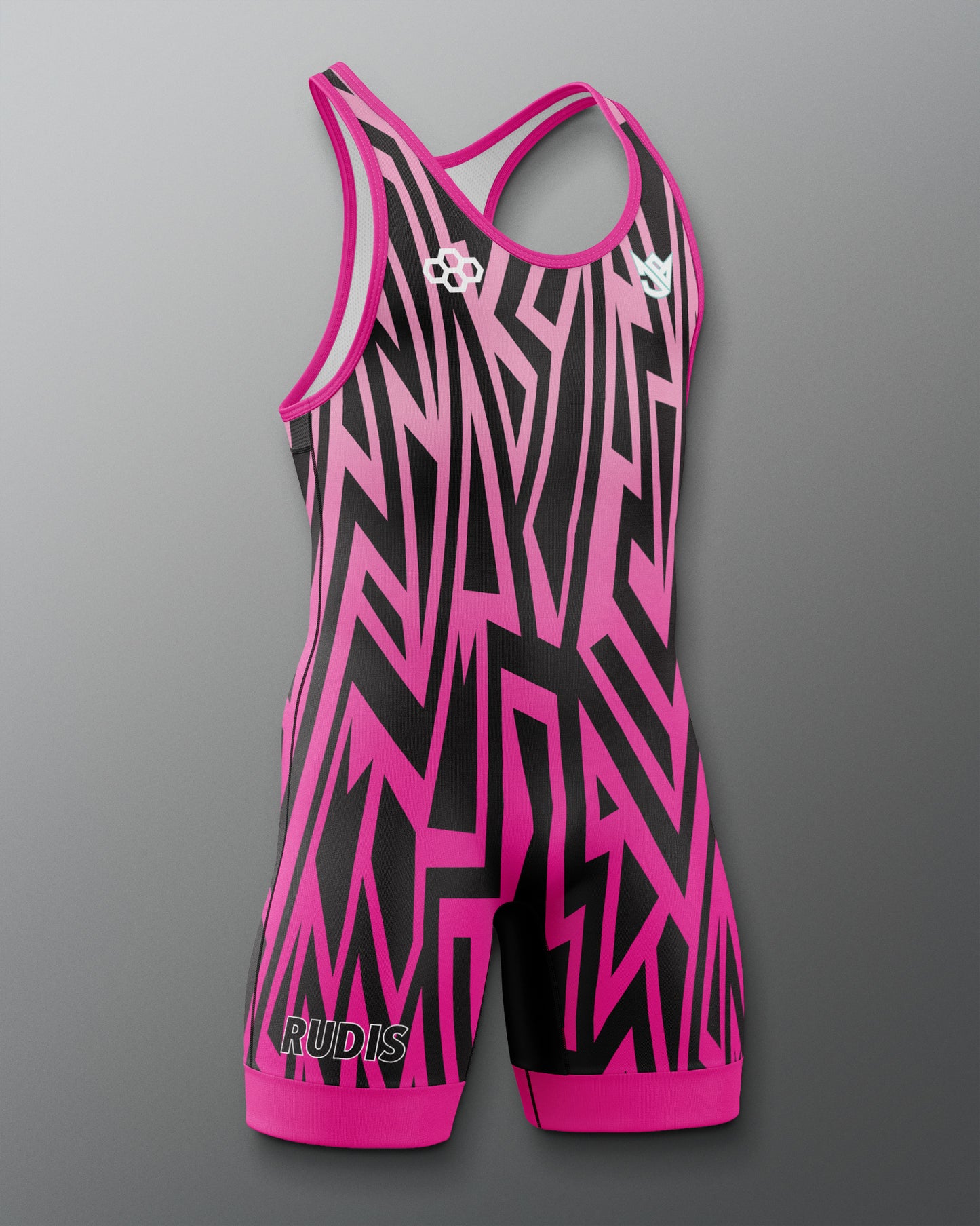 Pink and black patterned wrestling singlet on a gray background