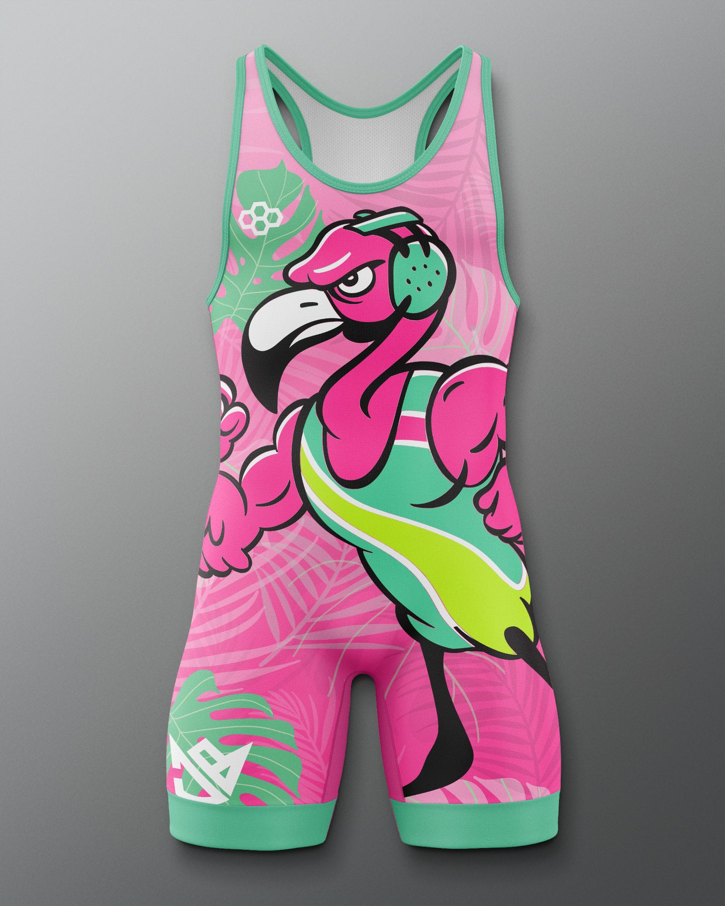 Pink and green wrestling singlet with flamingo design on a gray background