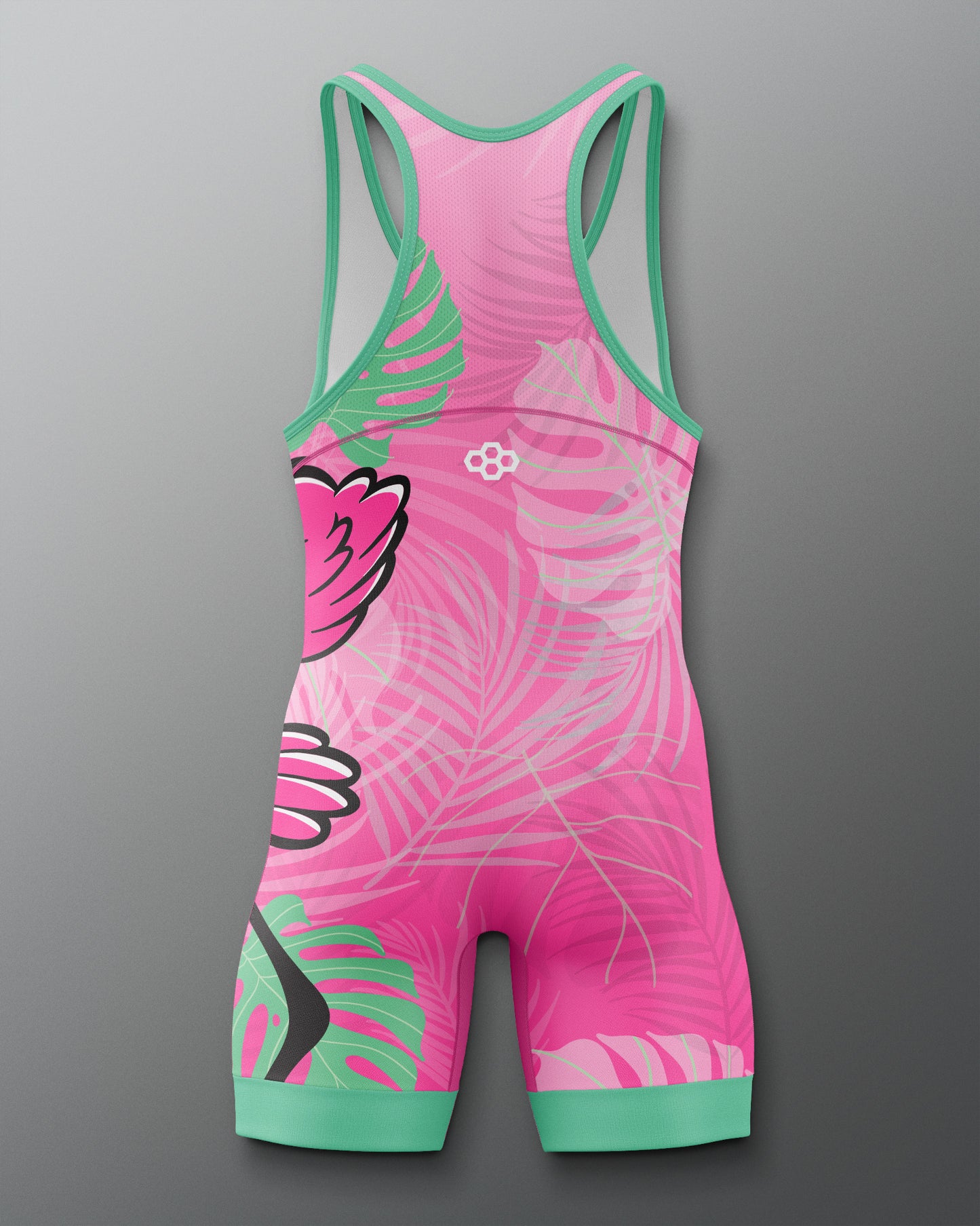 Pink and green swimsuit with floral design on a gray background