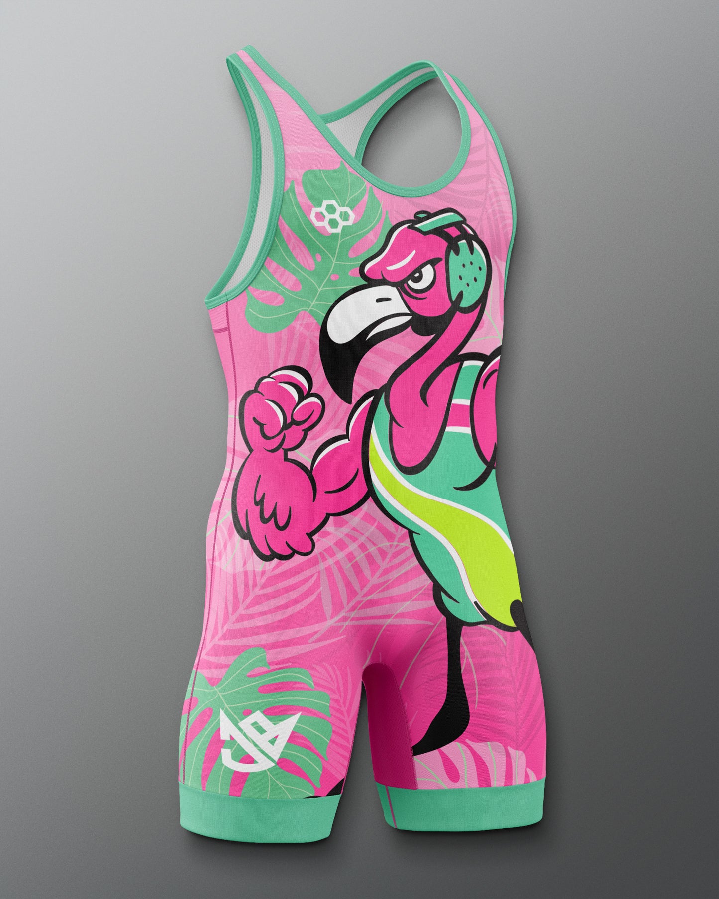 Pink and green athletic suit with flamingo design on a gray background