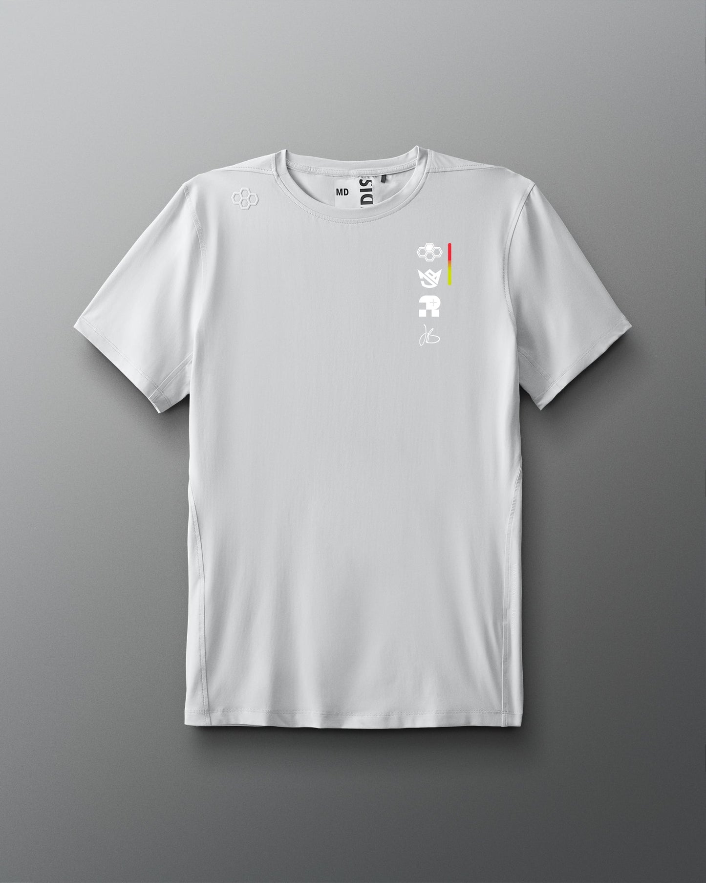 White t-shirt with a logo on a gray background