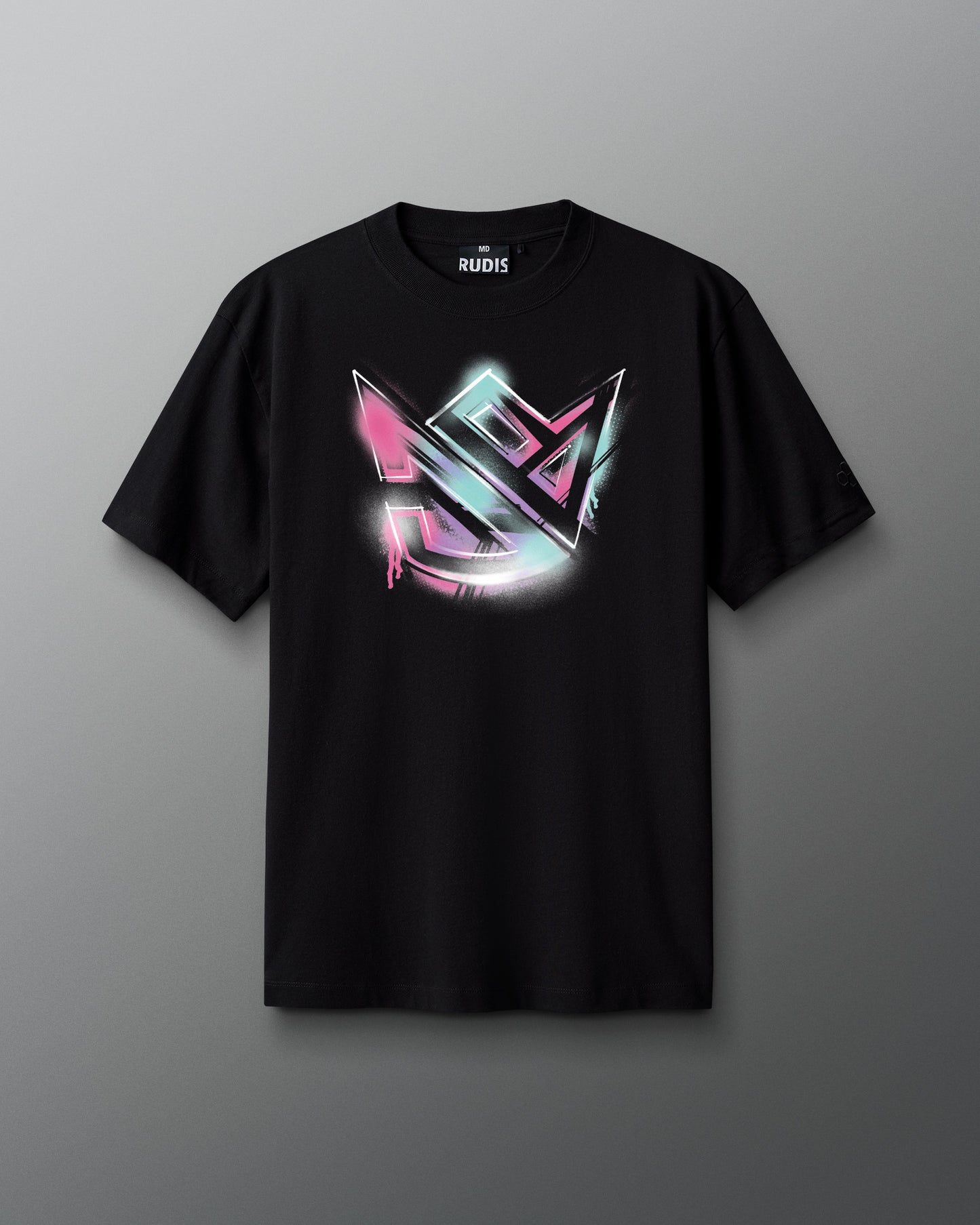 Black t-shirt with a colorful logo on a gray background