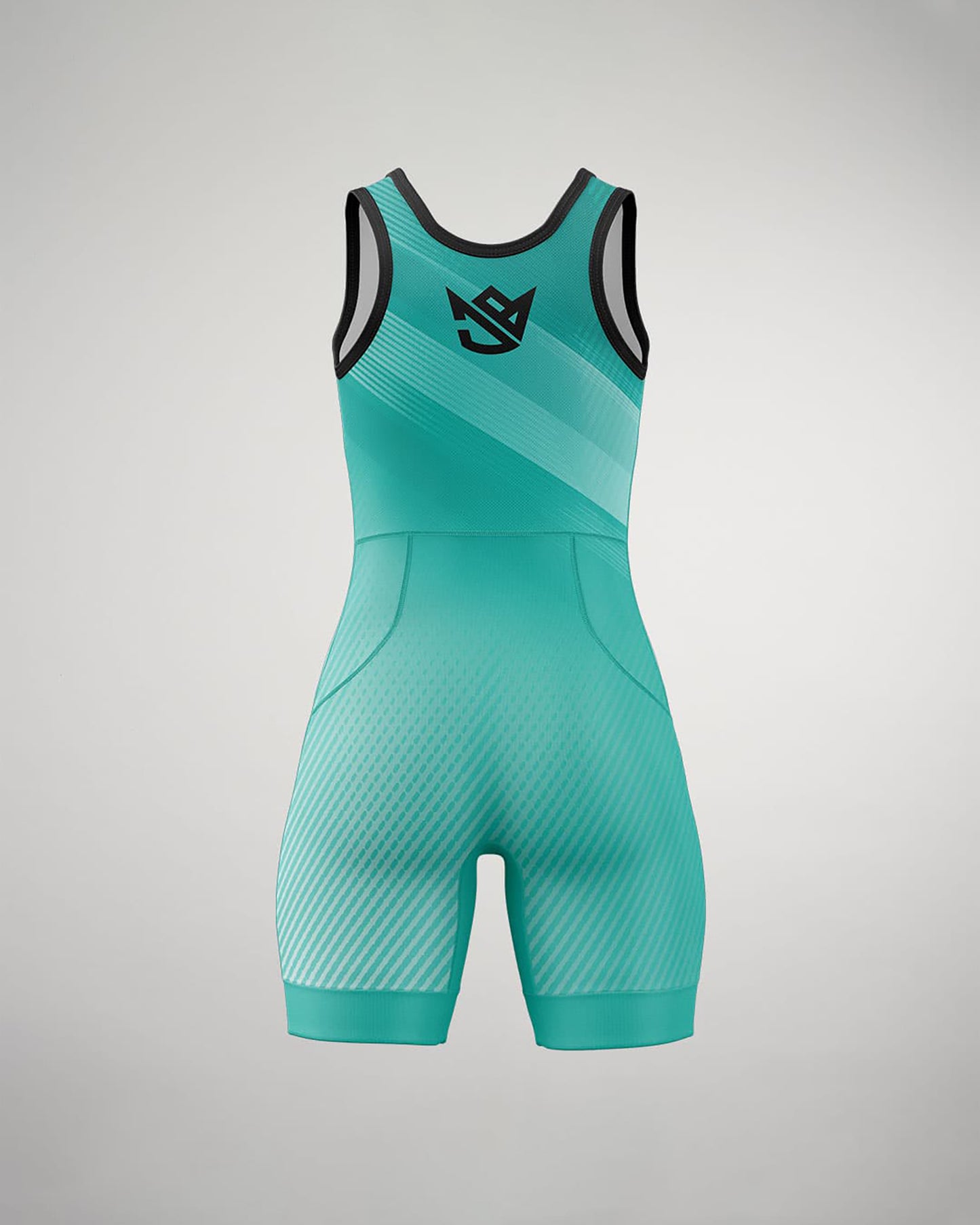 This image displays a vibrant teal athletic onesie designed for performance featuring a sleek silhouette with modern geometric patterns and a prominent logo at the chest