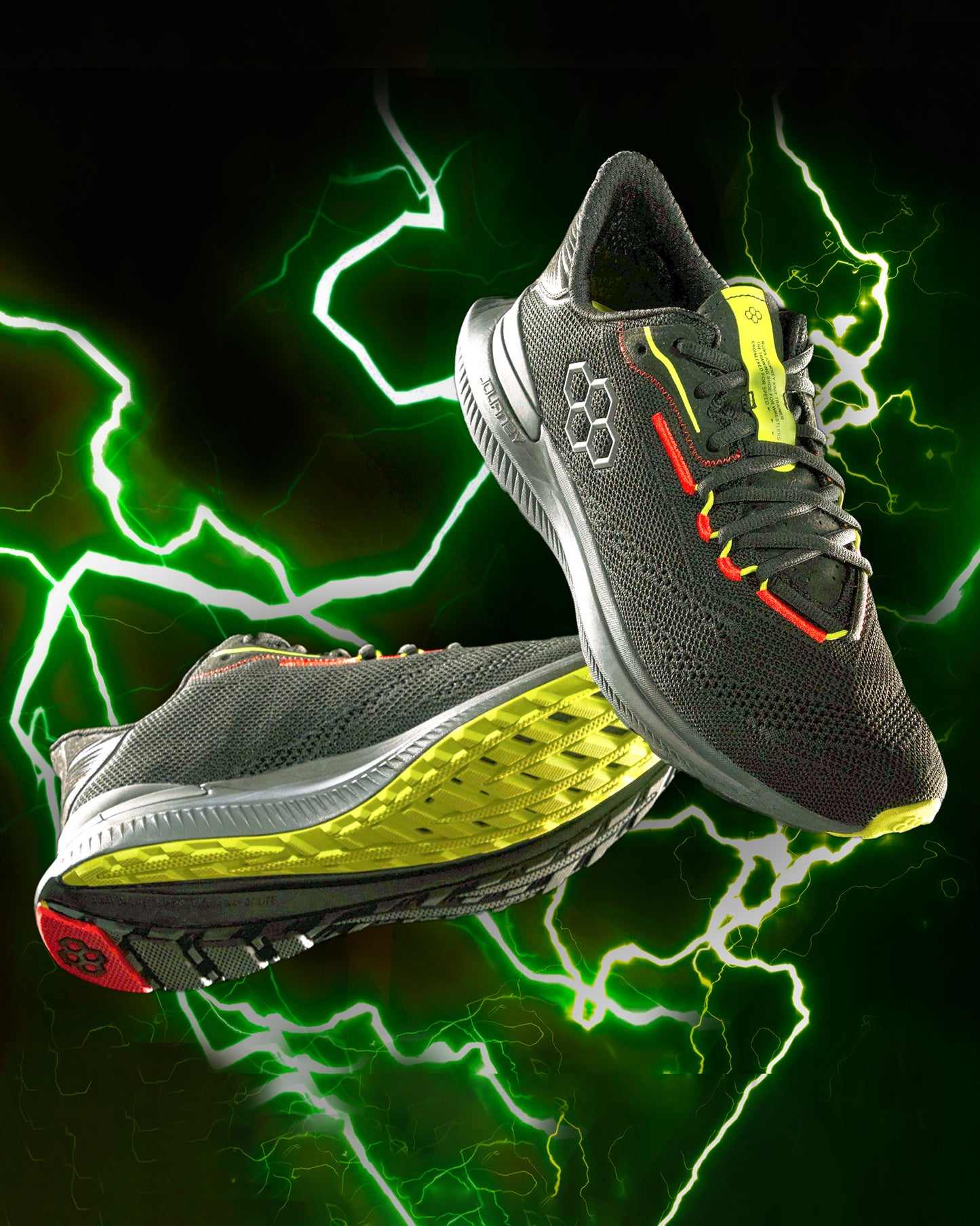 A pair of modern black athletic shoes with vibrant accents featuring a textured sole and a striking green lightning backdrop