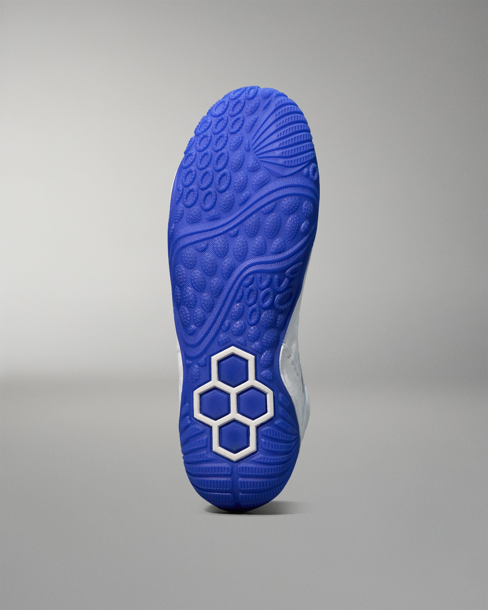 Bottom view of a RUDIS wrestling shoe showing a textured blue outsole with hexagonal traction patterns and white hexagon logo detailing near the heel.