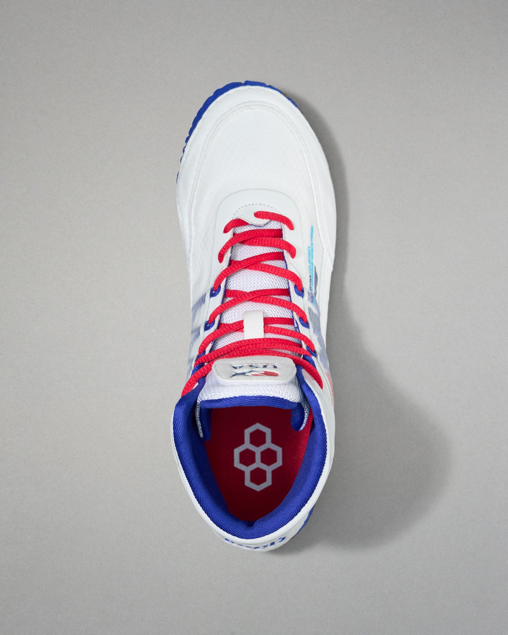 Top view of a white RUDIS wrestling shoe featuring red laces, blue inner lining, hexagon logo on the red insole, and USA Wrestling branding on the tongue.