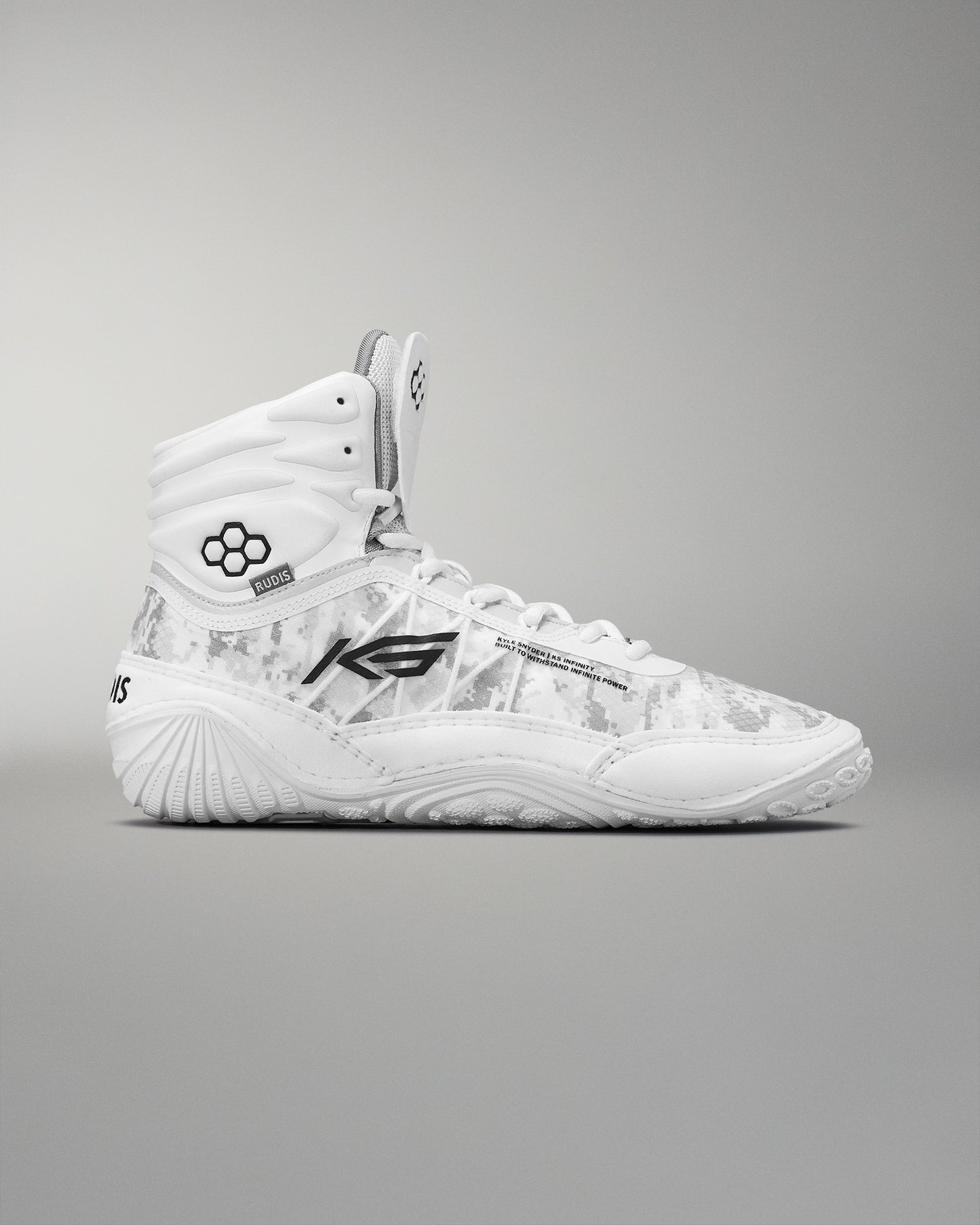 High-top wrestling shoe displaying a white design with a subtle camouflage pattern and black accents, featuring a padded collar for support and a traction-focused sole.