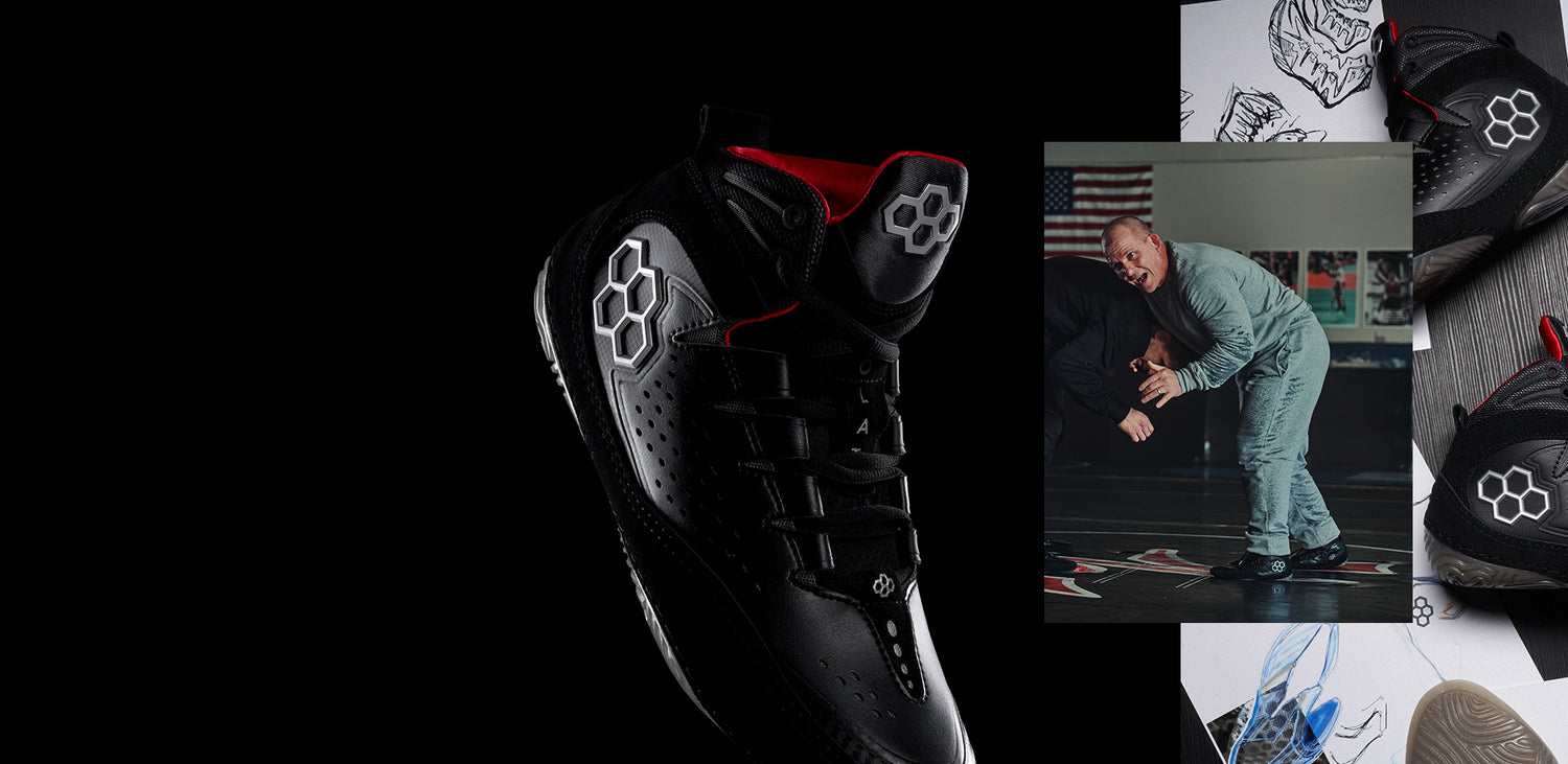 RUDIS Kolat Legacy wrestling shoes core colorway with Cary Kolat demonstrating technique alongside product design sketches and performance details