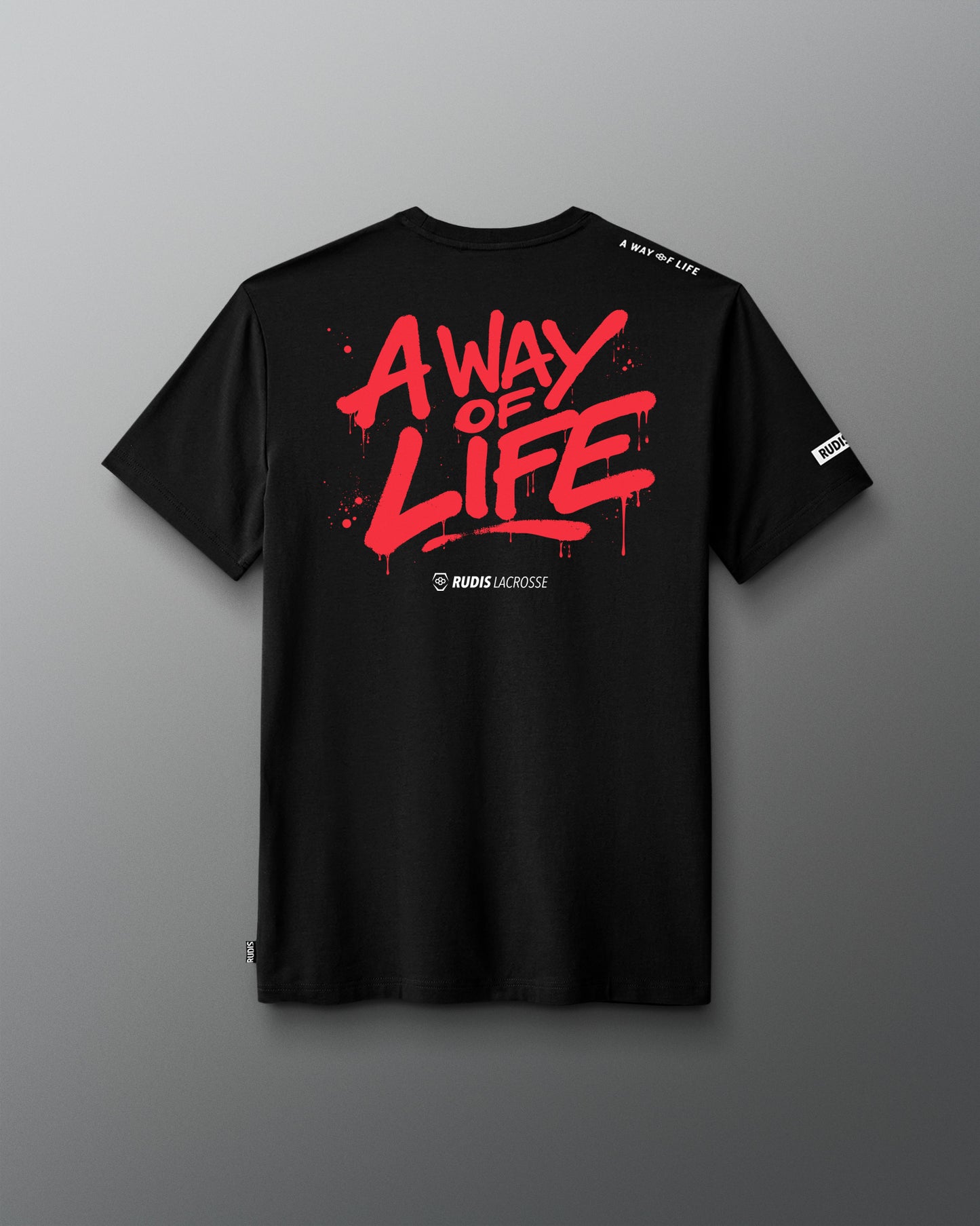 Black t-shirt with red 'A Way of Life' text on a gray background