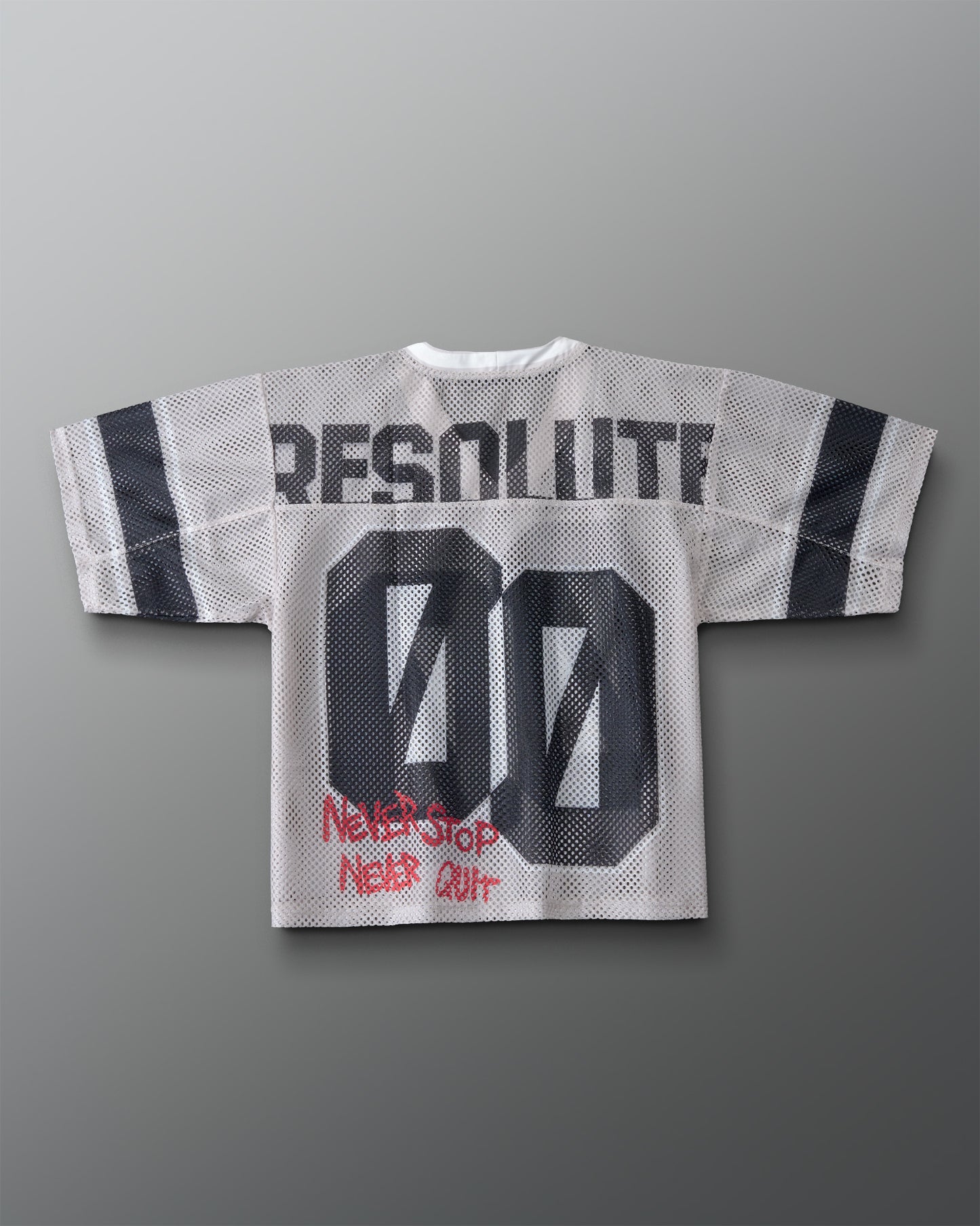 Back of the RUDIS Resolute Throwback lacrosse jersey in white mesh with black sleeve stripes, oversized "00" number, "RESOLUTE" nameplate, and red "Never Stop Never Quit" graphic near the hem.