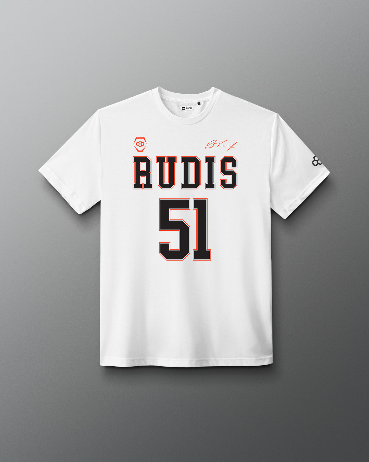 Front view of the white RUDIS P. Kavanagh Jersey Supersoft T-Shirt featuring RUDIS 51 graphics, signature detail and RUDIS sleeve logo.