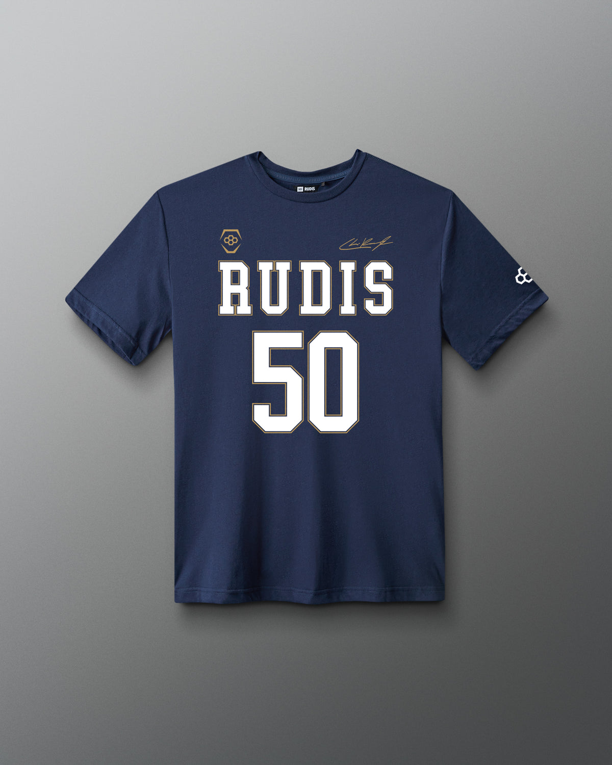 Front view of the navy RUDIS C. Kavanagh Jersey Supersoft T-Shirt featuring RUDIS 50 graphics, signature detail and RUDIS sleeve logo.