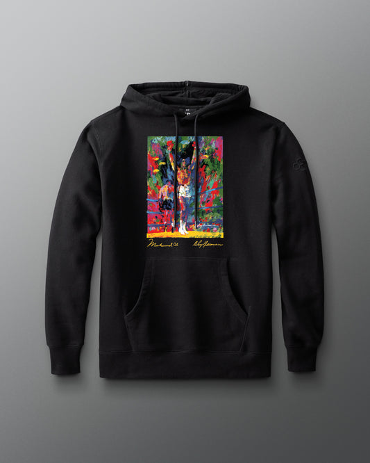 Black hoodie with a colorful graphic on a gray background
