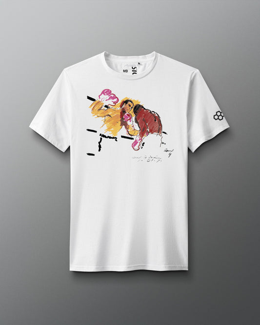 White t-shirt with a colorful graphic design on a gray background